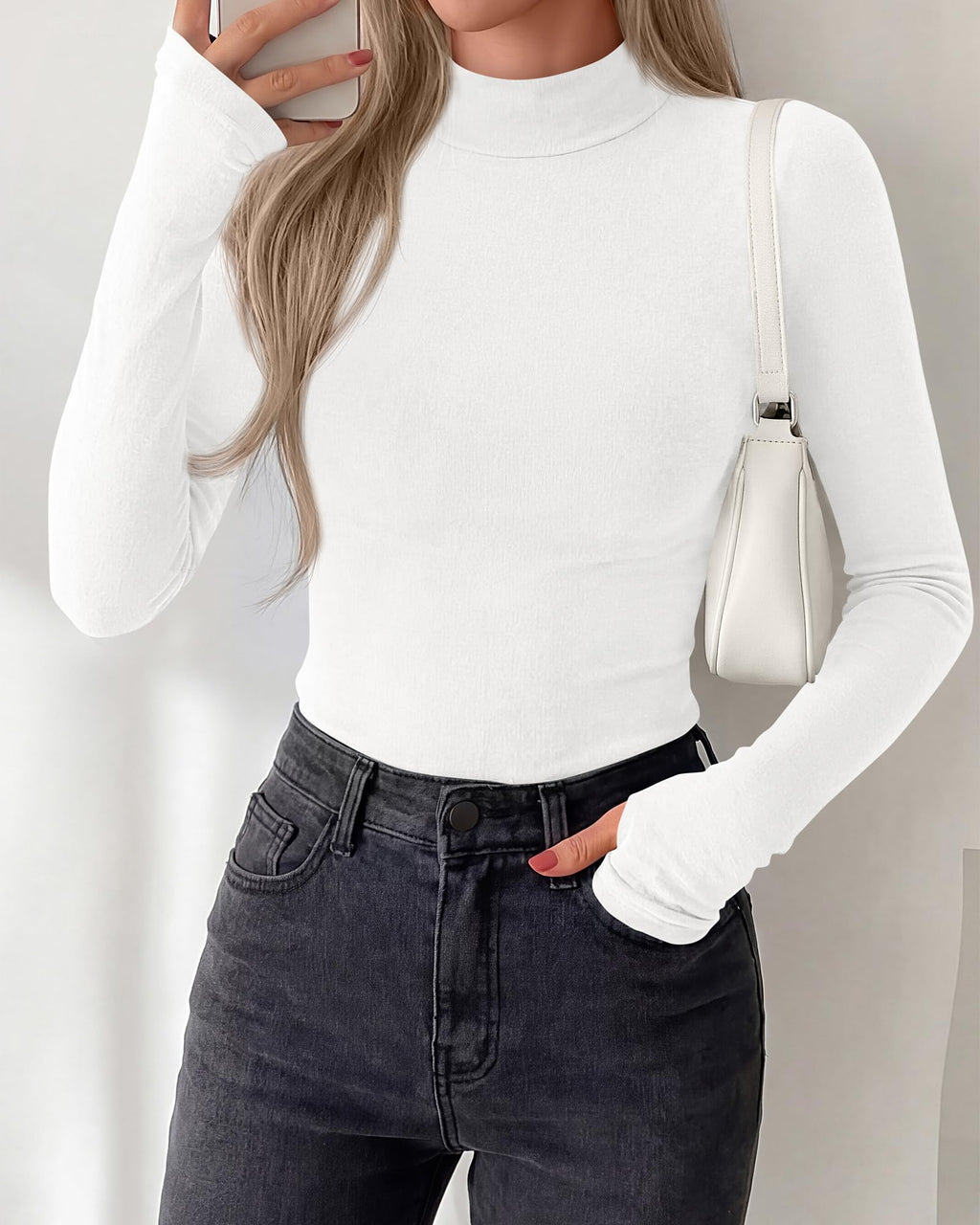 BTFBM Turtleneck Tops for Women Thumbhole Long Sleeve Shirts | Lightweight Fleece Lining, Casual Basic Layering Top, Slim Fit Stretch Winter Thermal Underwear, Fall Fashion Clothing
