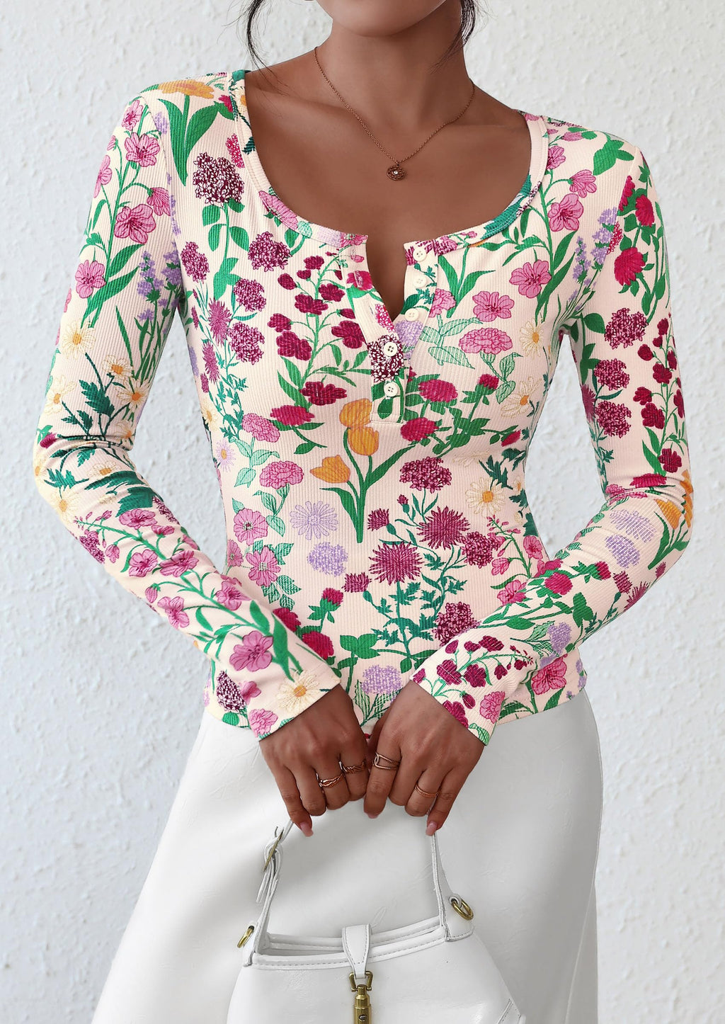 PRETTYGARDEN Women's Fall Long Sleeve Henley T Shirts Button Ribbed Knit Slim Fit Basic Tops Blouse Casual Outfits