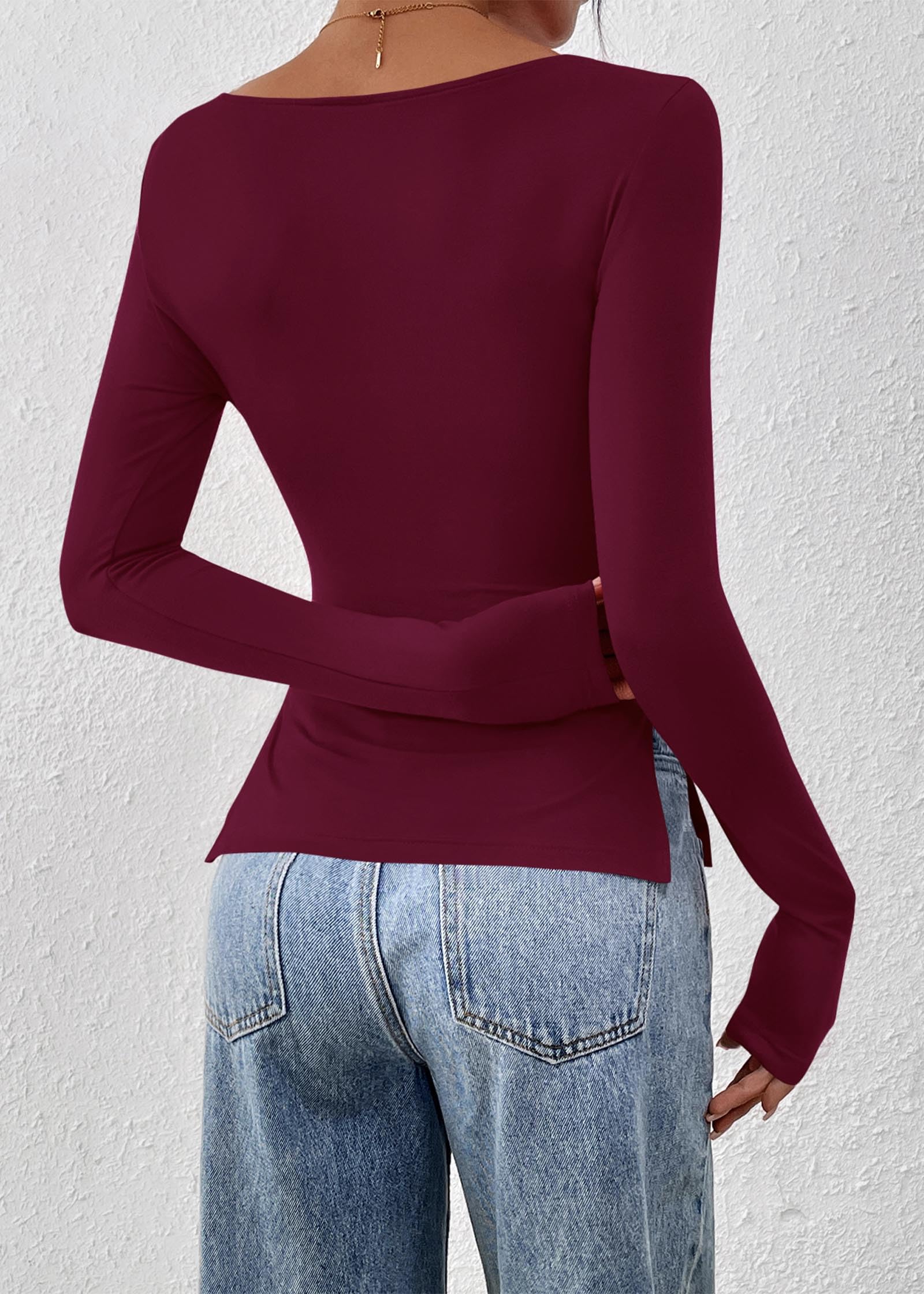 FreshPretty Long Sleeve Shirts for Women Fall Casual Boat Neck Knit Workout Going Out Tops Fitted Side Slit Basic Tees