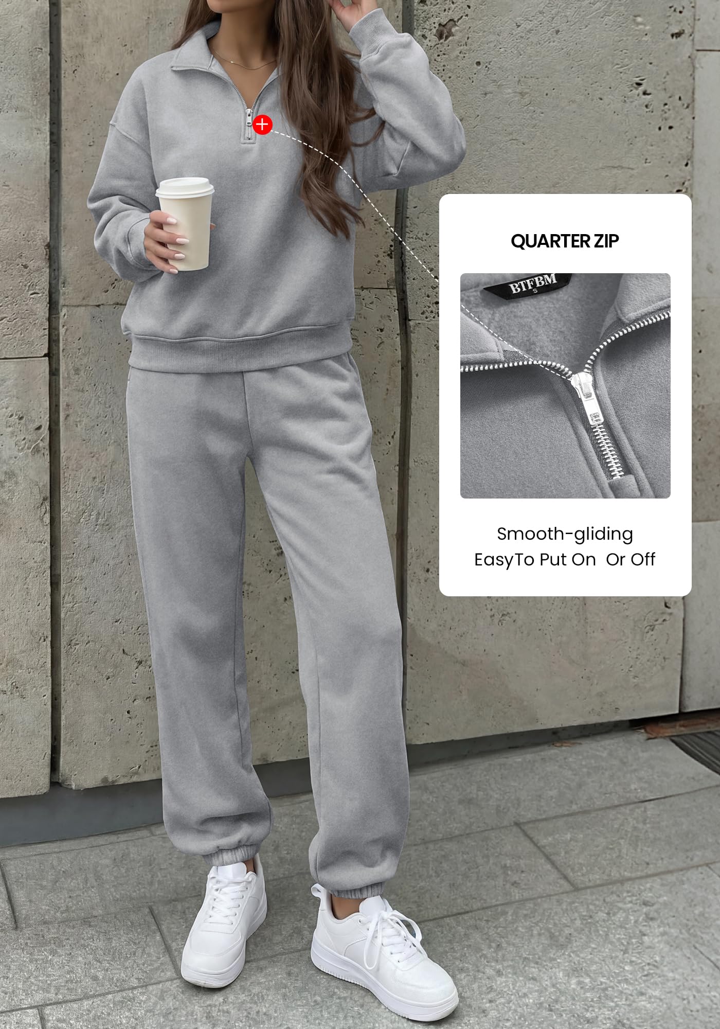 BTFBM Womens 2 Piece Outfits Sweatsuit Fleece Lounge Sets Quarter Zip Pullover Sweatshirt,Baggy Jogger Sweatpants,Fall Fashion Clothing,Airport Travel Matching Sweat Set
