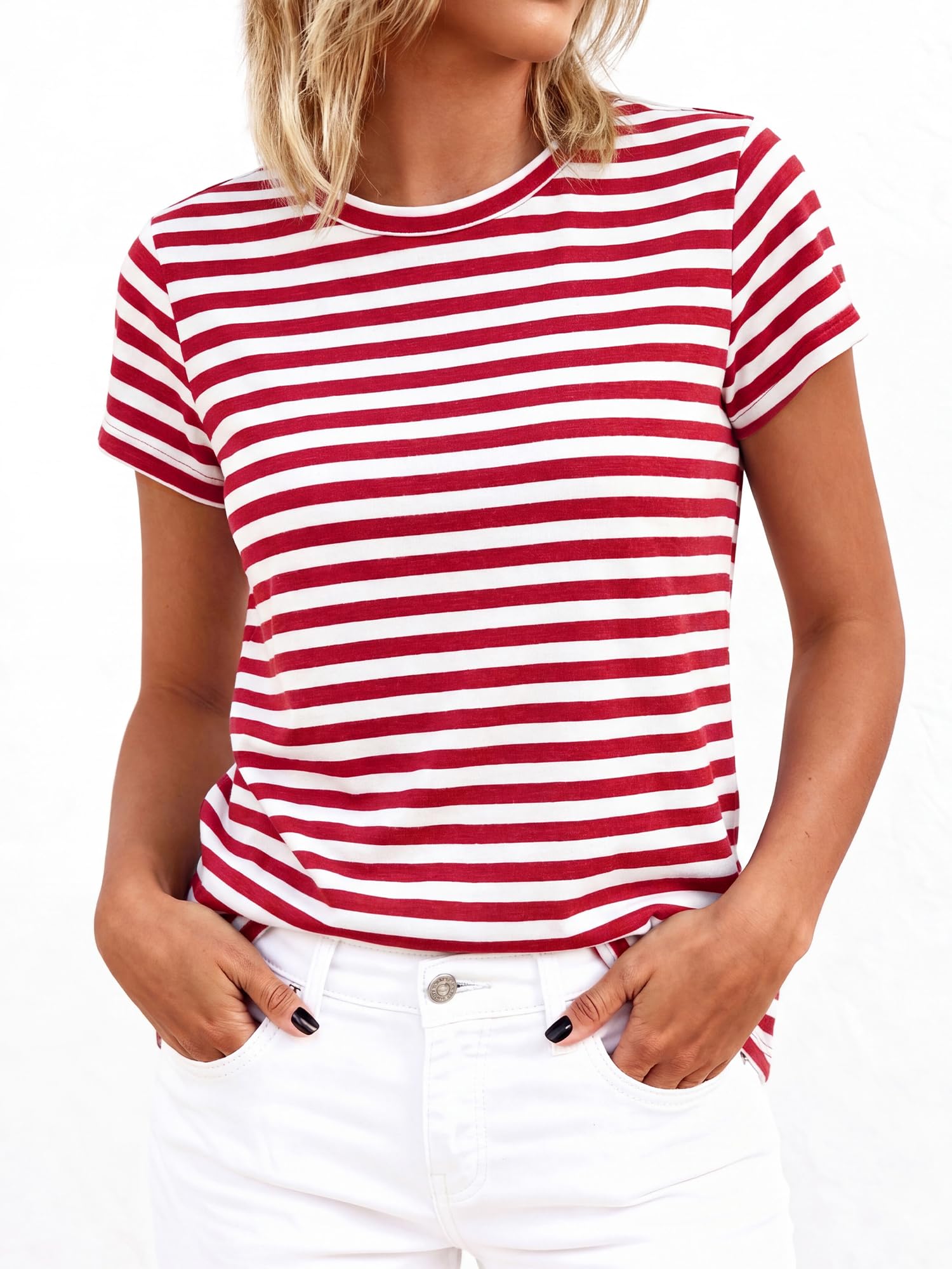 BTFBM Tops for Women Trendy Summer Crew Neck Short Sleeve T Shirts Striped Casual Vacation Blouse Basic Tee