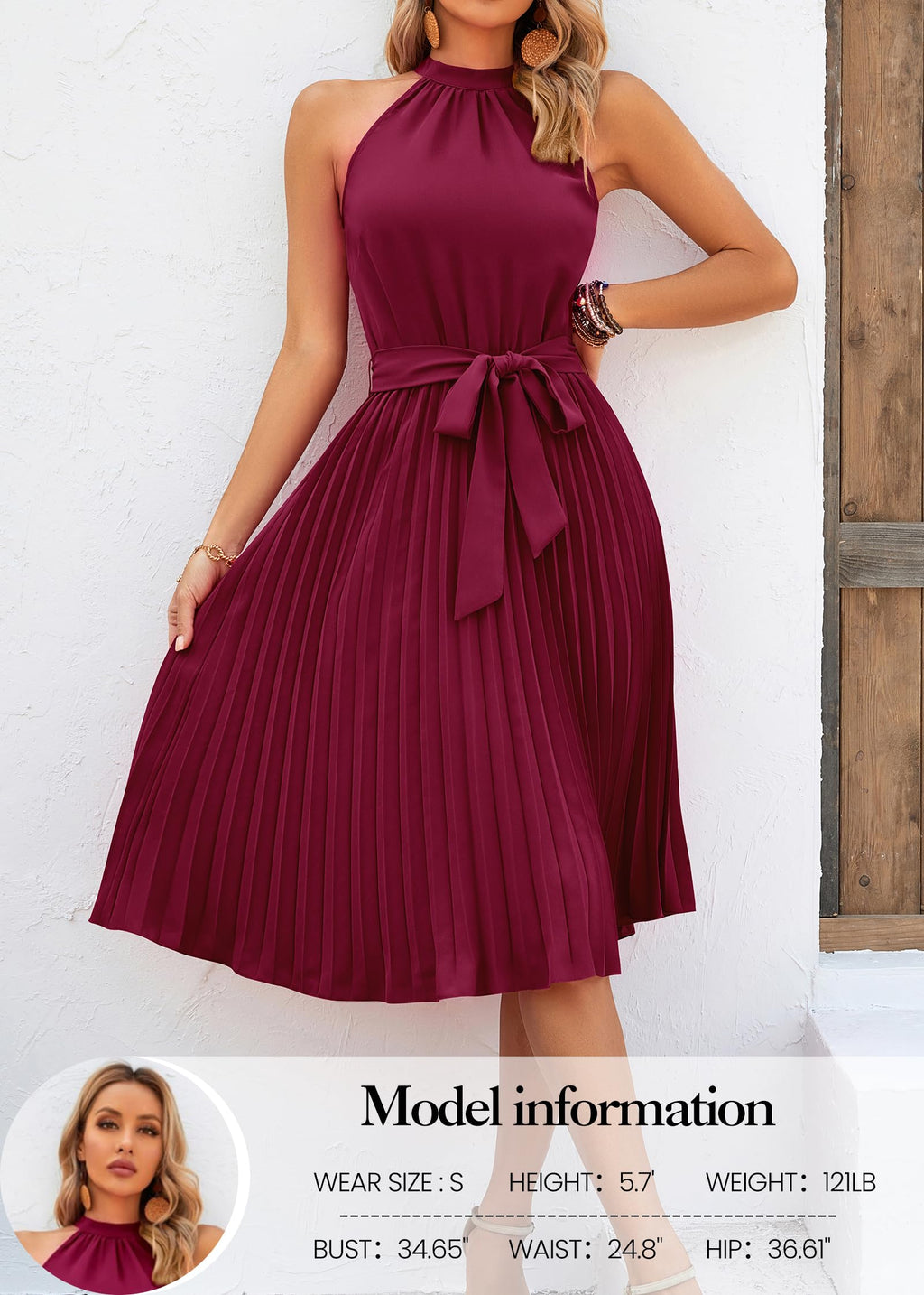 FreshPretty Women's Summer Sleeveless Halter Neck Pleated Midi Cocktail Dresses A Line Flowy Beach Sun Dress with Belt