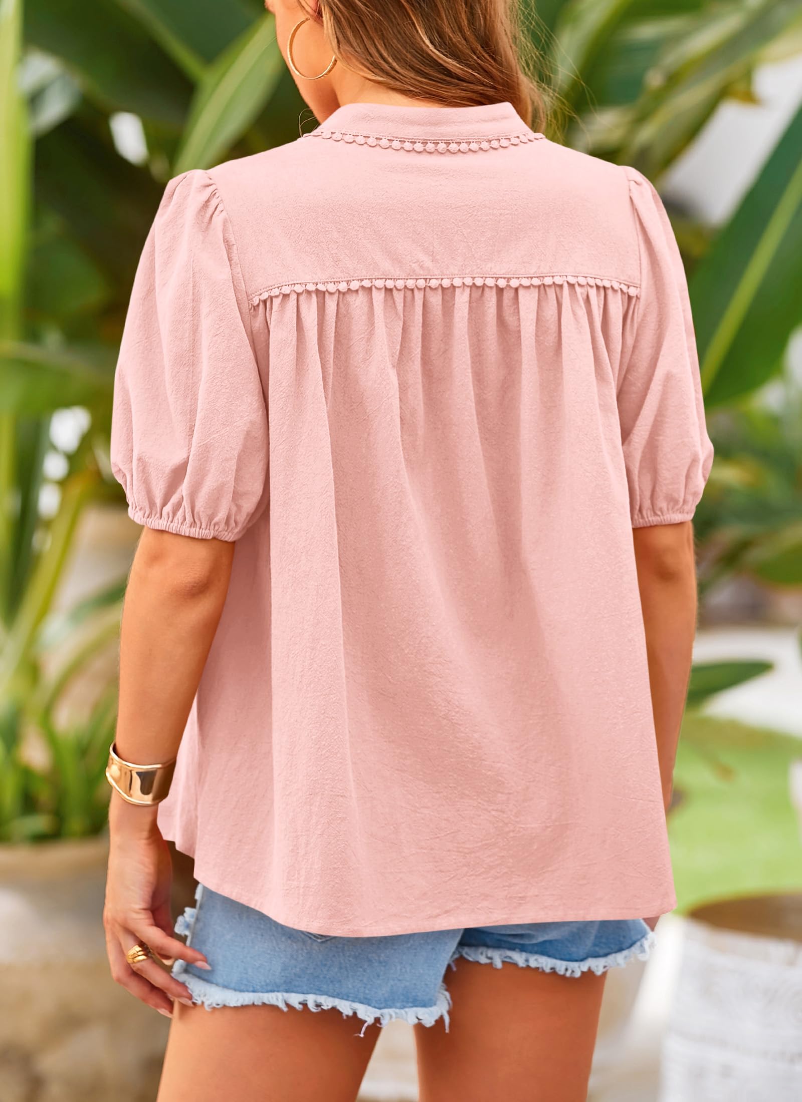 PRETTYGARDEN Women's Summer Button Down Shirts Short Lantern Sleeve V Neck Cotton Cute Dressy Casual Ladies Tops Blouses