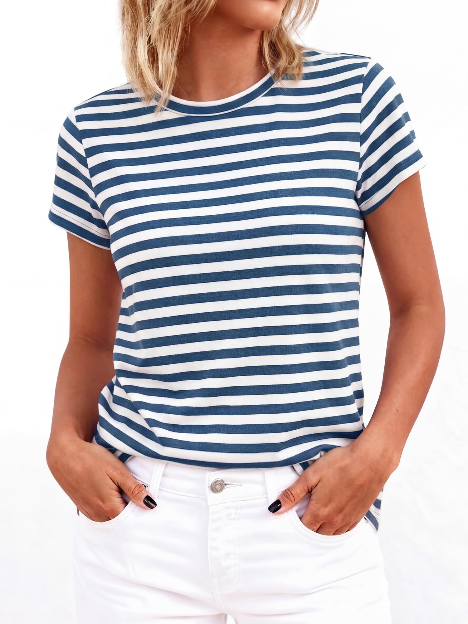 BTFBM Tops for Women Trendy Summer Crew Neck Short Sleeve T Shirts Striped Casual Vacation Blouse Basic Tee