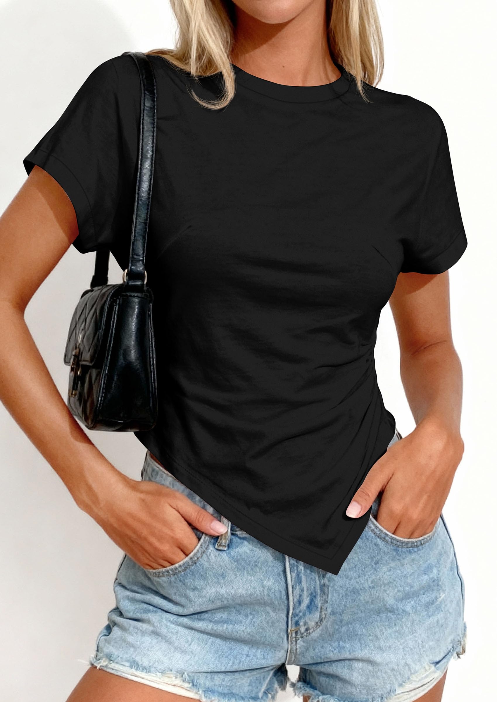 PRETTYGARDEN Womens Short Sleeve Crew Neck Trendy Shirts Spring Summer Y2K Going Out Tops Asymmetrical Ruched Blouse