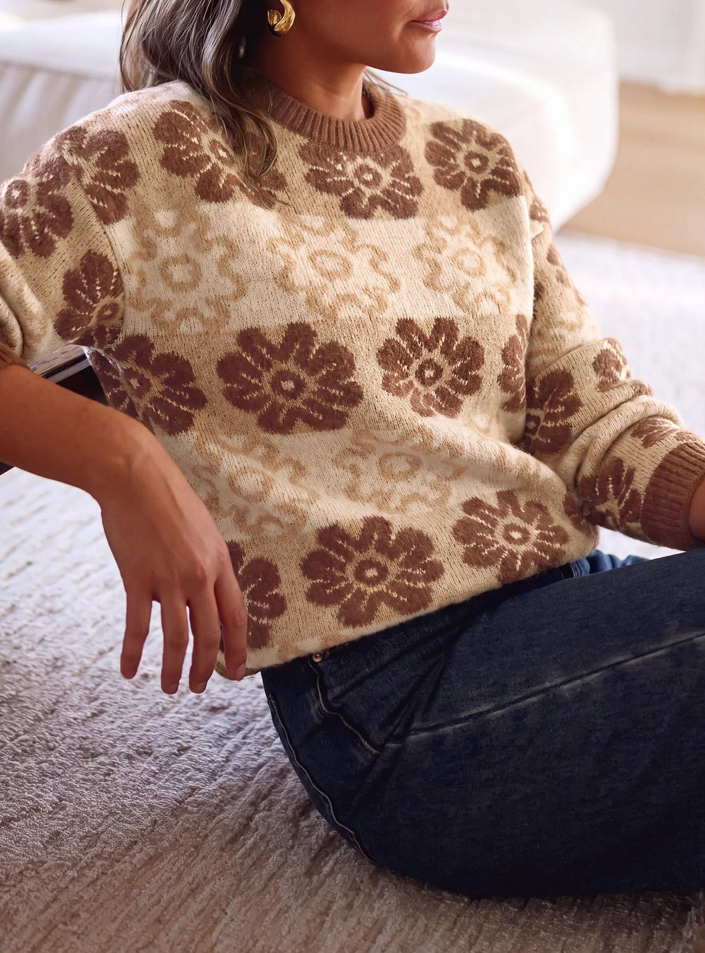 PRETTYGARDEN Women's Floral Crewneck Sweater Knit Pullover Loose Fit, Chunky Knit Sweaters Tops, Dressy Casual Work Vacation Holiday Outfits, Womens Fall Fashion, Winter Clothes