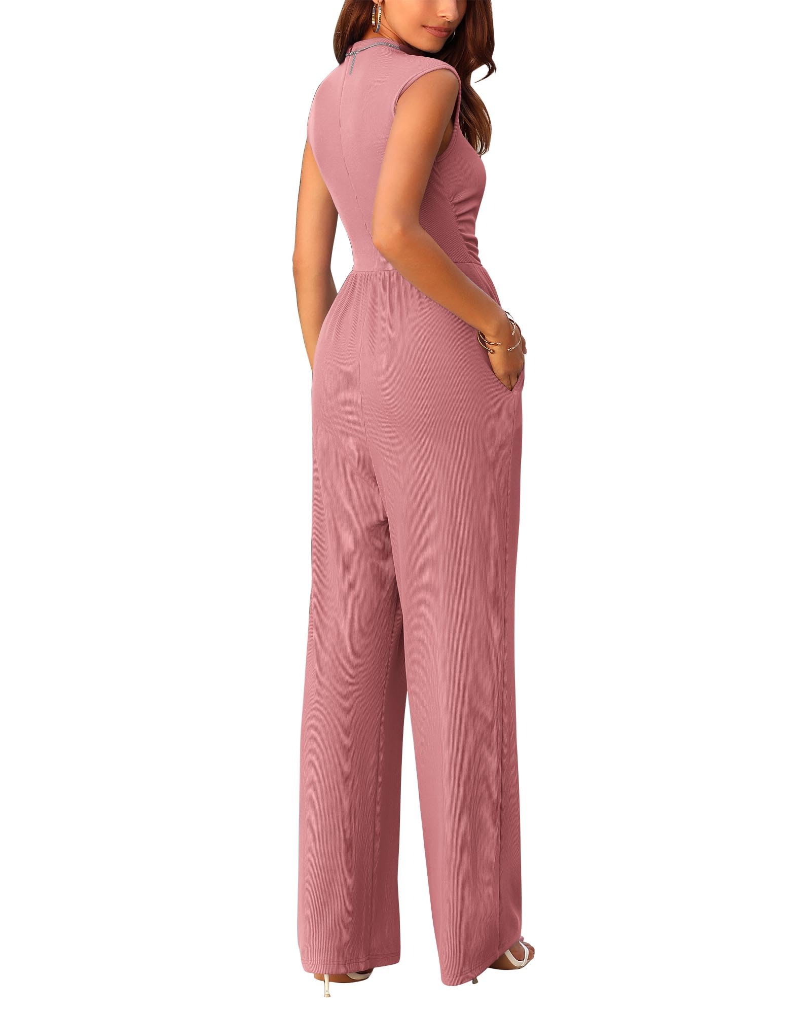 FreshPretty Womens Jumpsuit Dressy Casual Summer Outfits One Piece Cap Sleeve Mock Neck Wide Leg Pants Rompers with Pockets