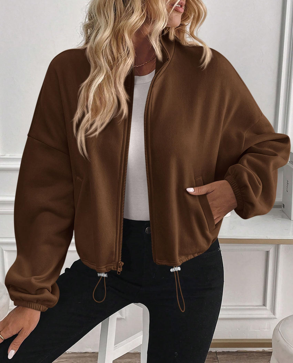 PRETTYGARDEN Womens Zip Up Fleece Cropped Sweatshirt Jacket Oversized Loose Soft Stand Collar with Drawstring Hem, Long Sleeve Casual Coat With Pockets, Fall Outfits Winter Clothing