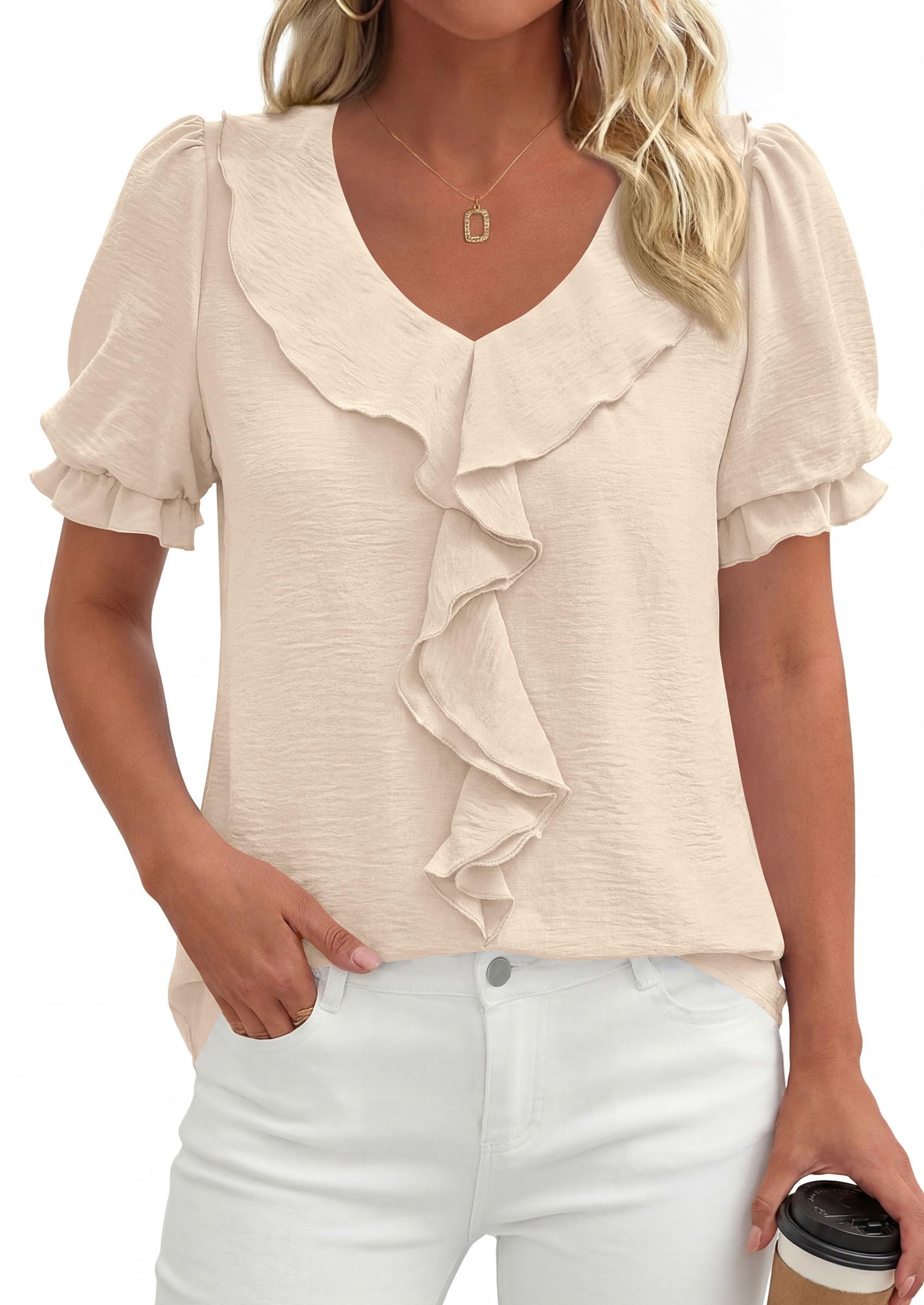 PRETTYGARDEN Women's Summer Dressy Casual Blouses Short Sleeve V Neck Ruffle Business Work Tops Trendy Spring Outfits