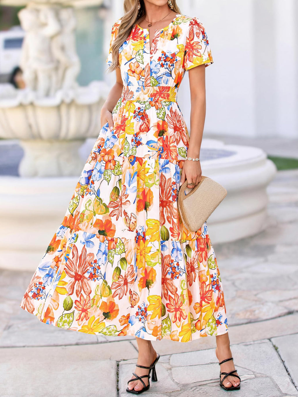 BTFBM Womens Summer Floral Maxi Dresses V Neck Short Sleeve Boho Casual Flowy Long Wedding Guest Dress Beach Vacation