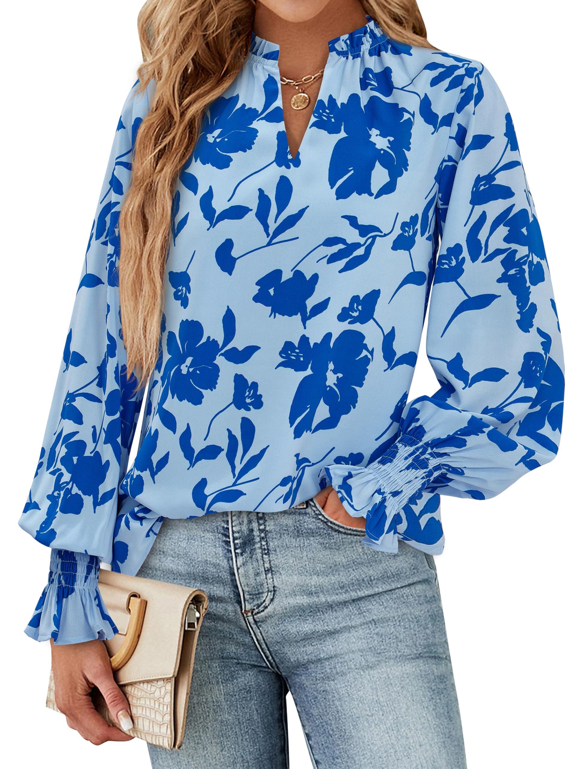 FreshPretty Womens V Neck Floral Long Sleeve Tops Summer Casual Loose Puff Sleeve Chiffon Boho Work Blouse Dressy T Shirts