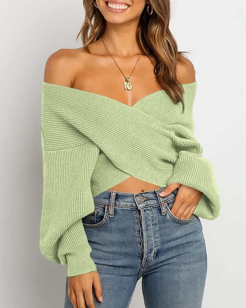 BTFBM Off The Shoulder Sweater for Women Winter Fall Fashion V Neck Long Sleeve Ribbed Knit Wrap Cropped Sweaters