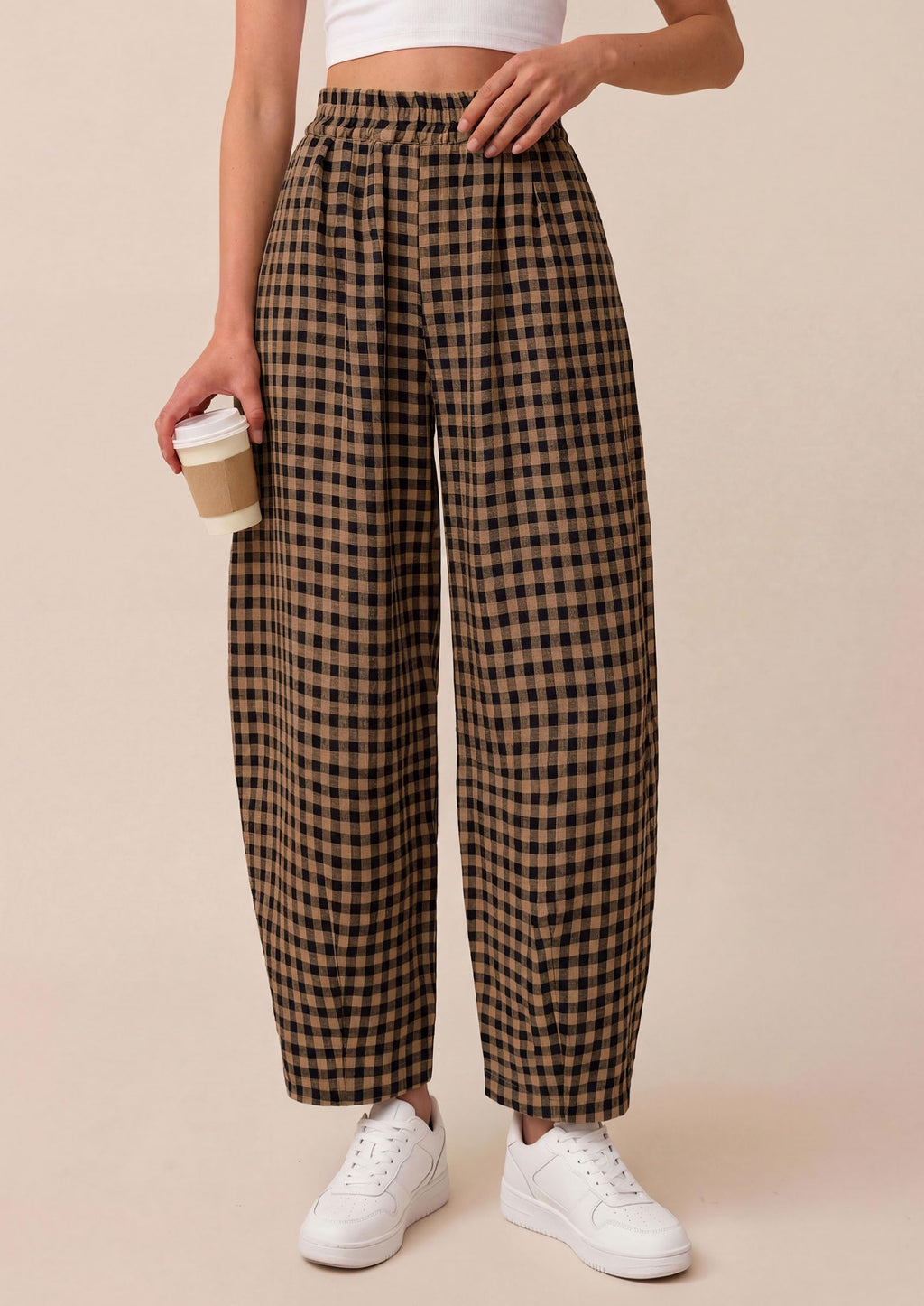 PRETTYGARDEN Plaid Barrel Pants Women Summer Casual Loose Wide Leg Lounge Gingham Trousers Spring Fashion Beach Bottoms