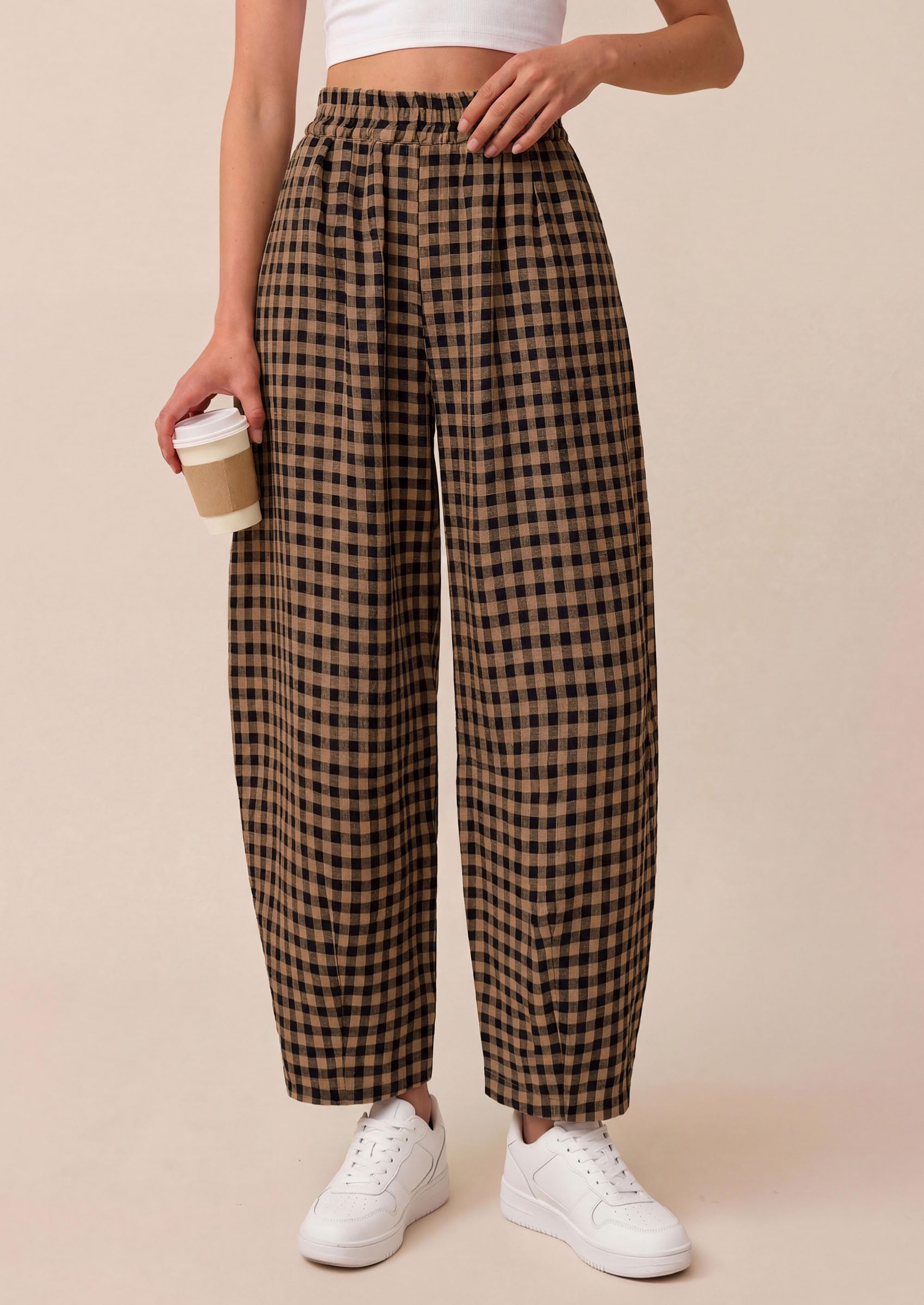 PRETTYGARDEN Plaid Barrel Pants Women Summer Casual Loose Wide Leg Lounge Gingham Trousers Spring Fashion Beach Bottoms