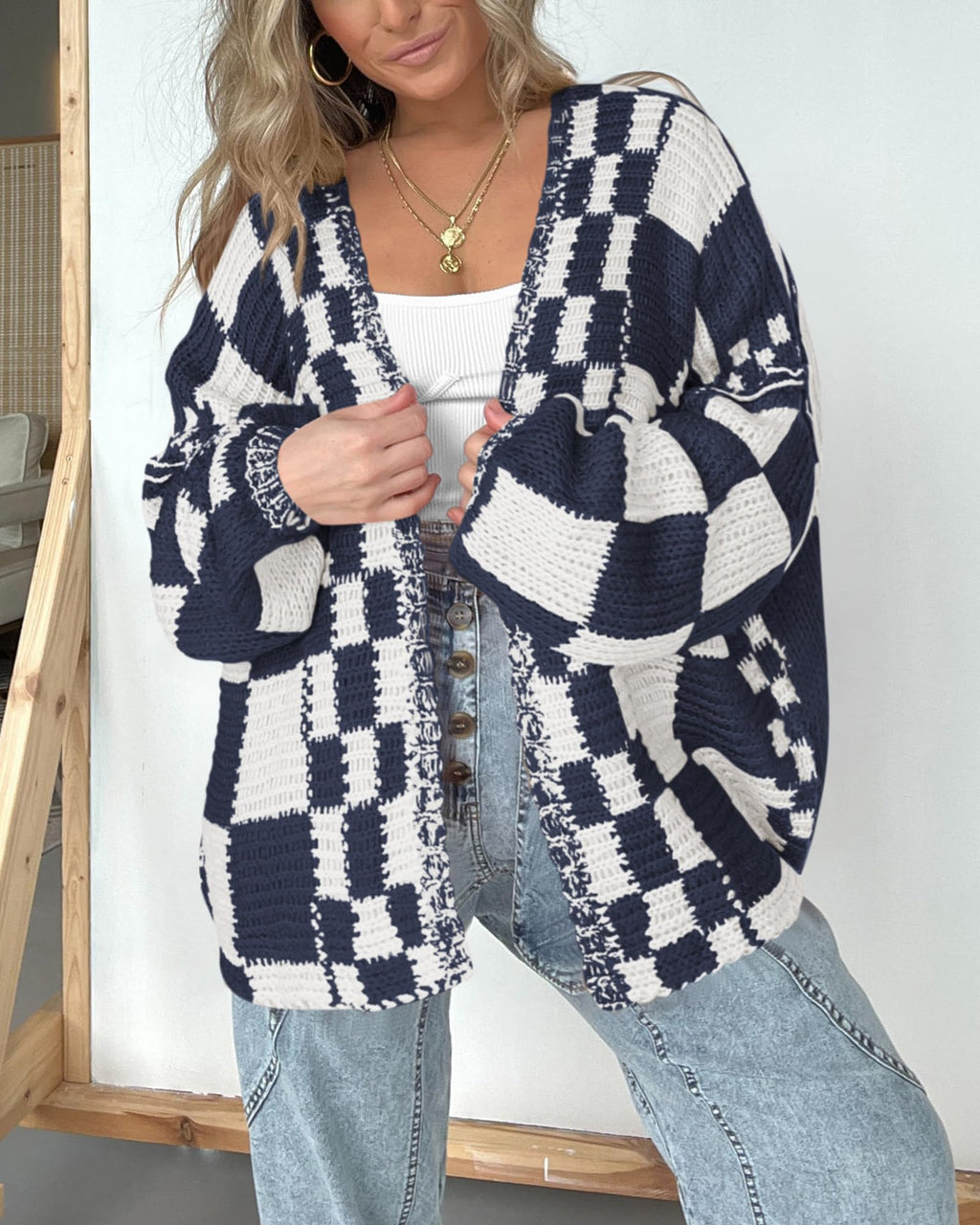 FreshPretty Casual Cardigan Sweater for Women Fall Long Sleeve Open Front Chunky Knit Sweaters Checkered Outwear Coat