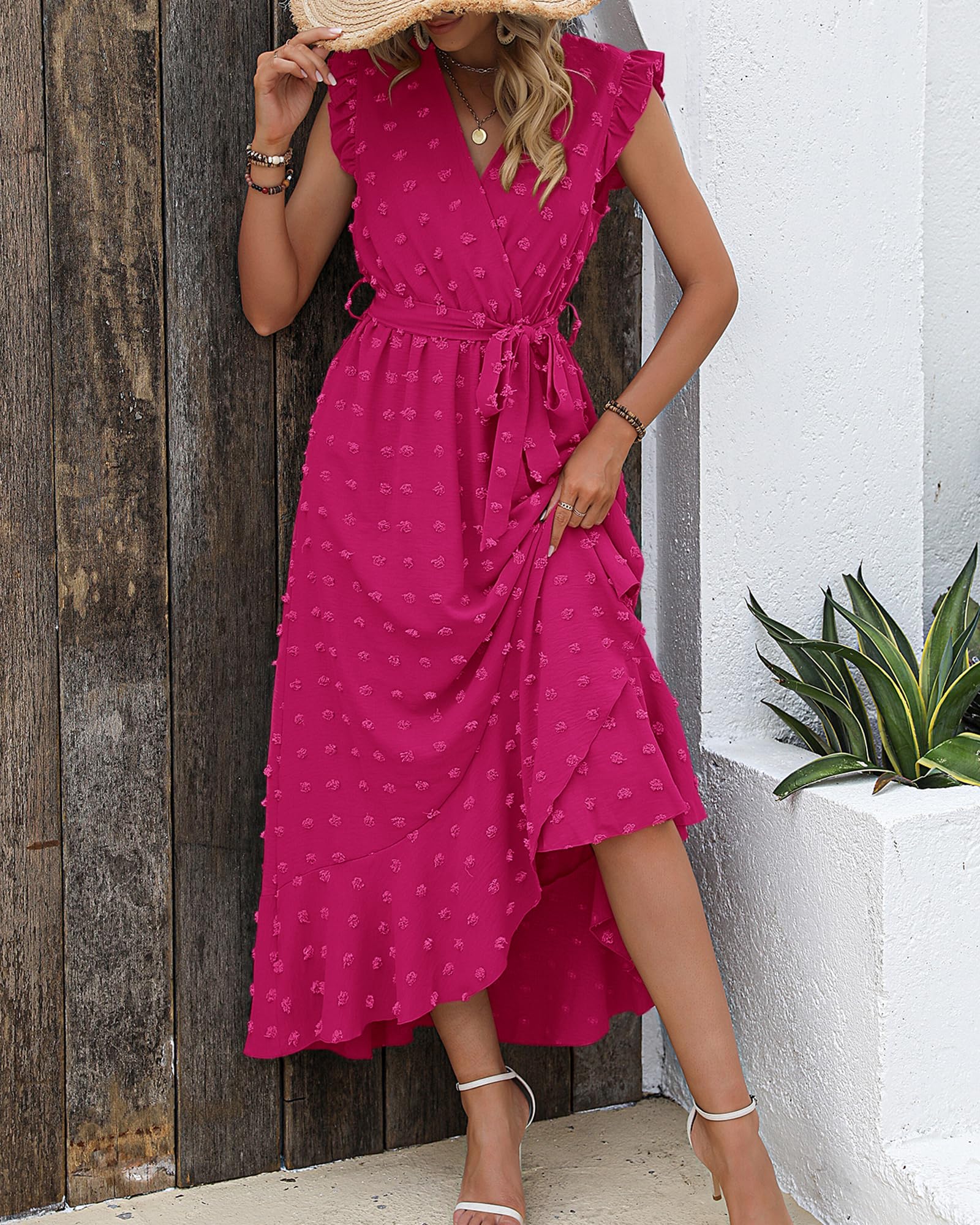 BTFBM Boho Dresses for Women Spring Fashion Cap Sleeve Swiss Dot Flowy Ruffle Beach Wedding Cocktail Maxi Dress