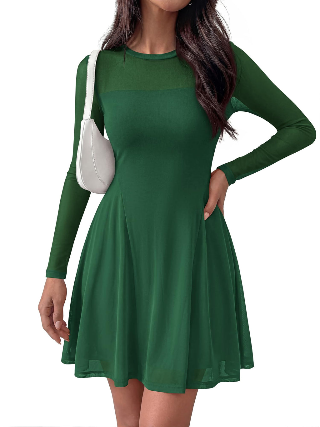 BTFBM Women’s Mini Dress Sheer Mesh Long Sleeve Crew Neck Flowy A Line Casual Cocktail Party Going Out Dresses Fall
