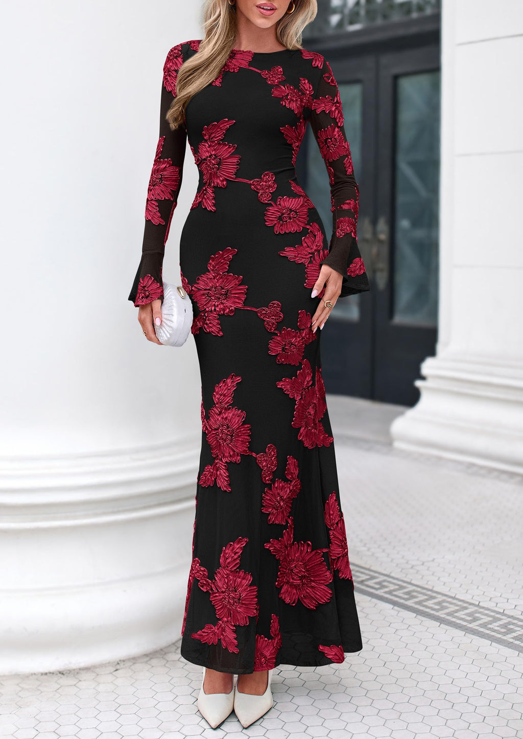 PRETTYGARDEN Women's Formal Floral Maxi Bodycon Dresses Ruffle Long Sleeve, Fall Winter Outfits 2026 for Wedding Guest, Homecoming & Cocktail, Slimming Mesh Dress with Lining