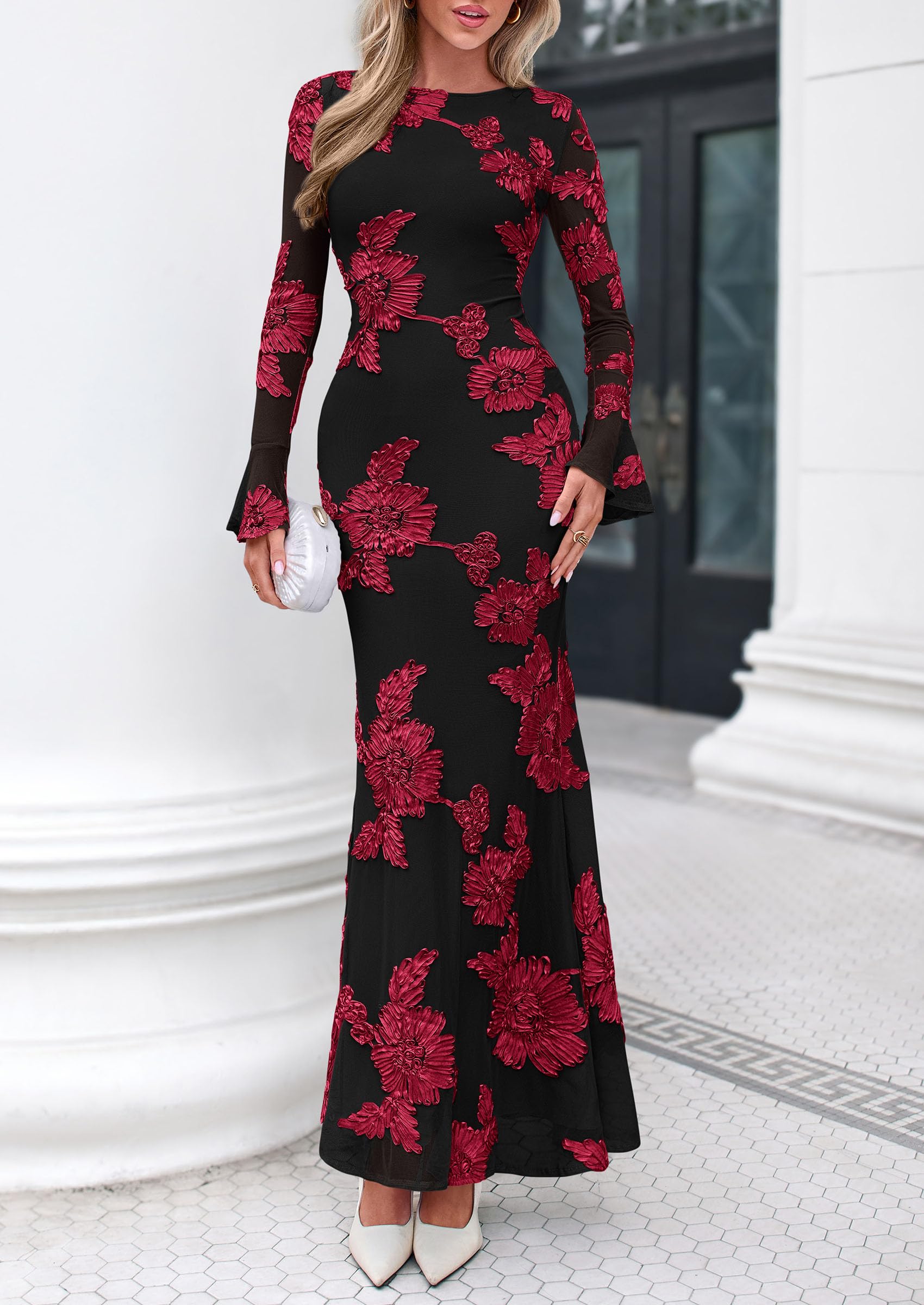 PRETTYGARDEN Women's Formal Floral Maxi Bodycon Dresses Ruffle Long Sleeve, Fall Winter Outfits 2026 for Wedding Guest, Homecoming & Cocktail, Slimming Mesh Dress with Lining