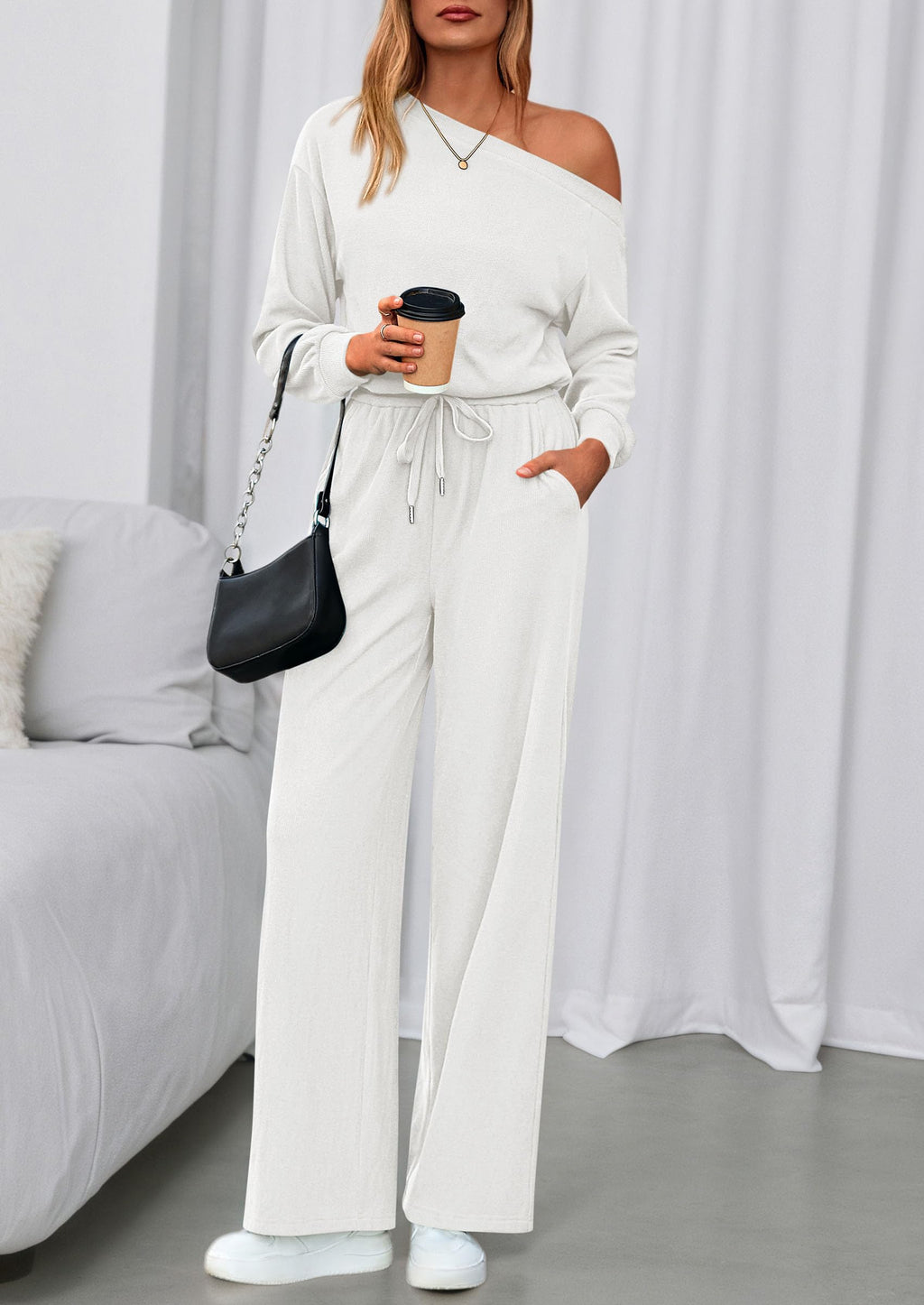 PRETTYGARDEN Long Sleeve Jumpsuit For Women Dressy Off Shoulder One Piece Loose Wide Leg Jumpsuits Casual Flowy Romper