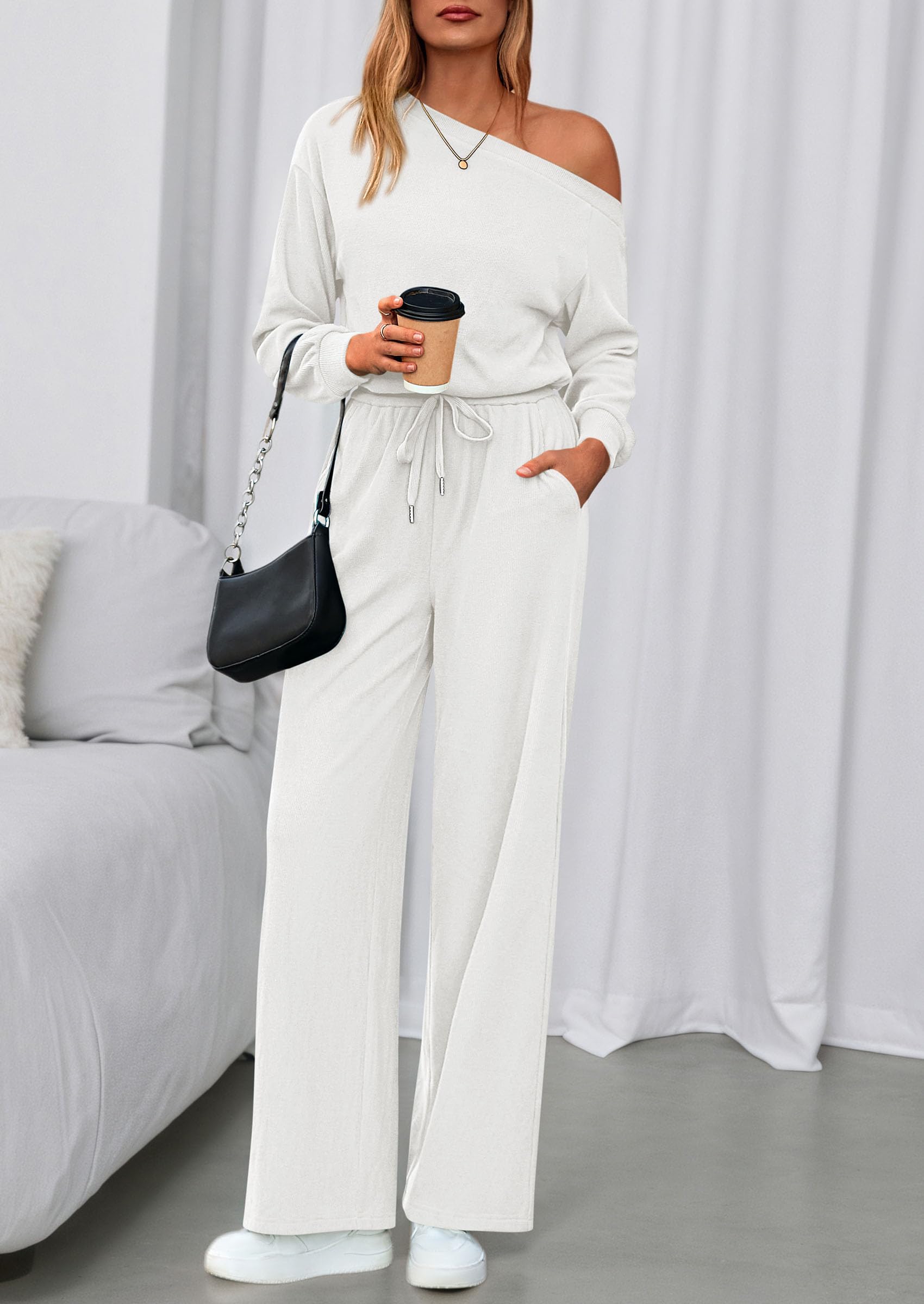 PRETTYGARDEN Long Sleeve Jumpsuit For Women Dressy Off Shoulder One Piece Loose Wide Leg Jumpsuits Casual Flowy Romper
