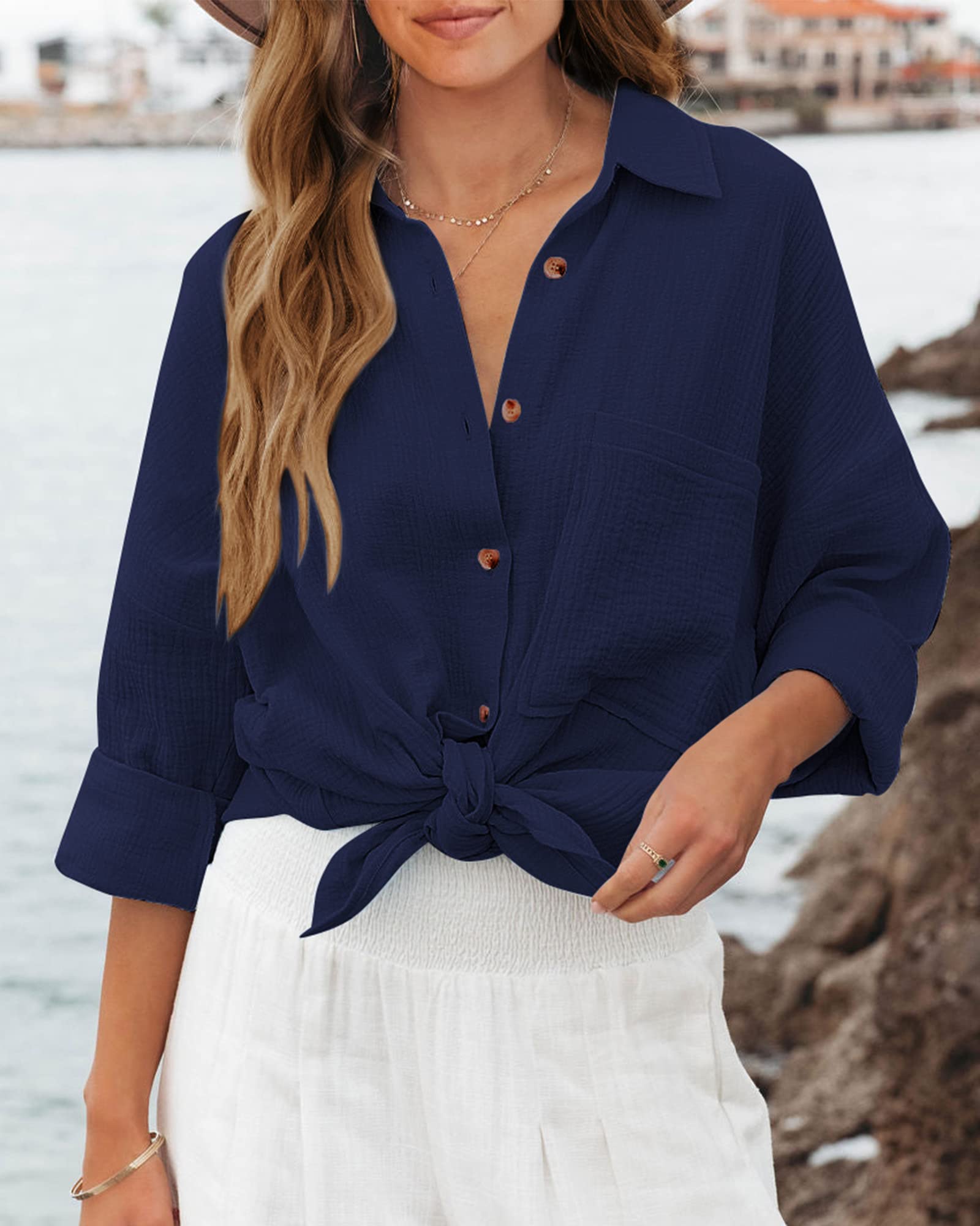 FreshPretty Casual Shirts for Women Long Sleeve Button Down Blouses Fall Solid Color Trendy Tops with Pocket