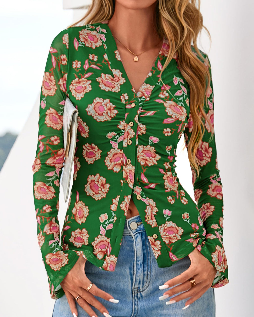 BTFBM Button Down Shirts for Women Spring Boho Tops V Neck Long Sleeve Blouses Ruched Mesh Fitted Fall Fashion