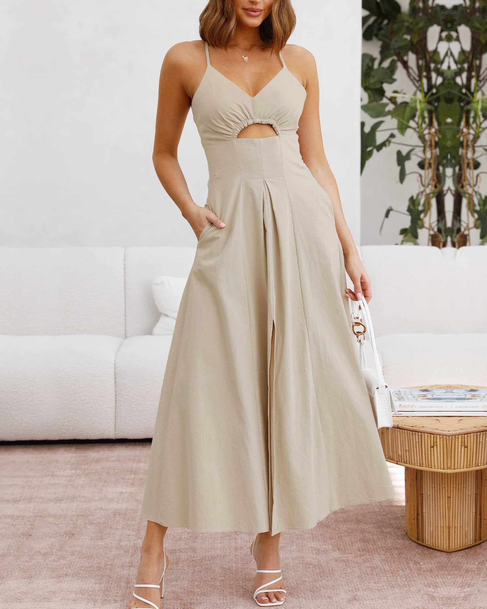 BTFBM Women Spaghetti Strap Midi Summer Dresses Sleeveless V Neck Cutout Slit Casual Beach Party Maxi Dress Pockets