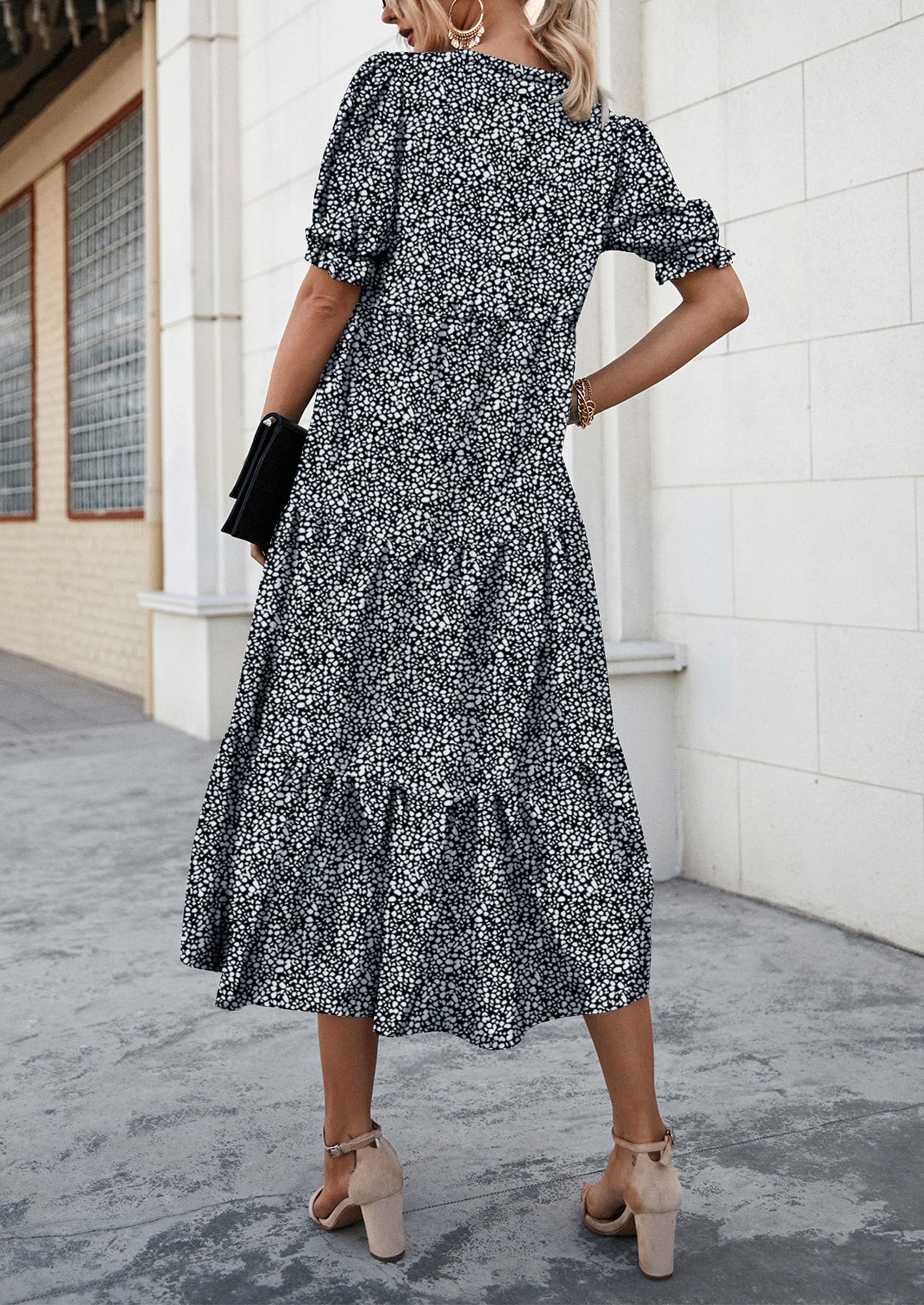 PRETTYGARDEN Summer Dresses for Women Casual Floral Boho Midi Sun Dress Puff Short Sleeve Flowy Beach Vacation Sundress