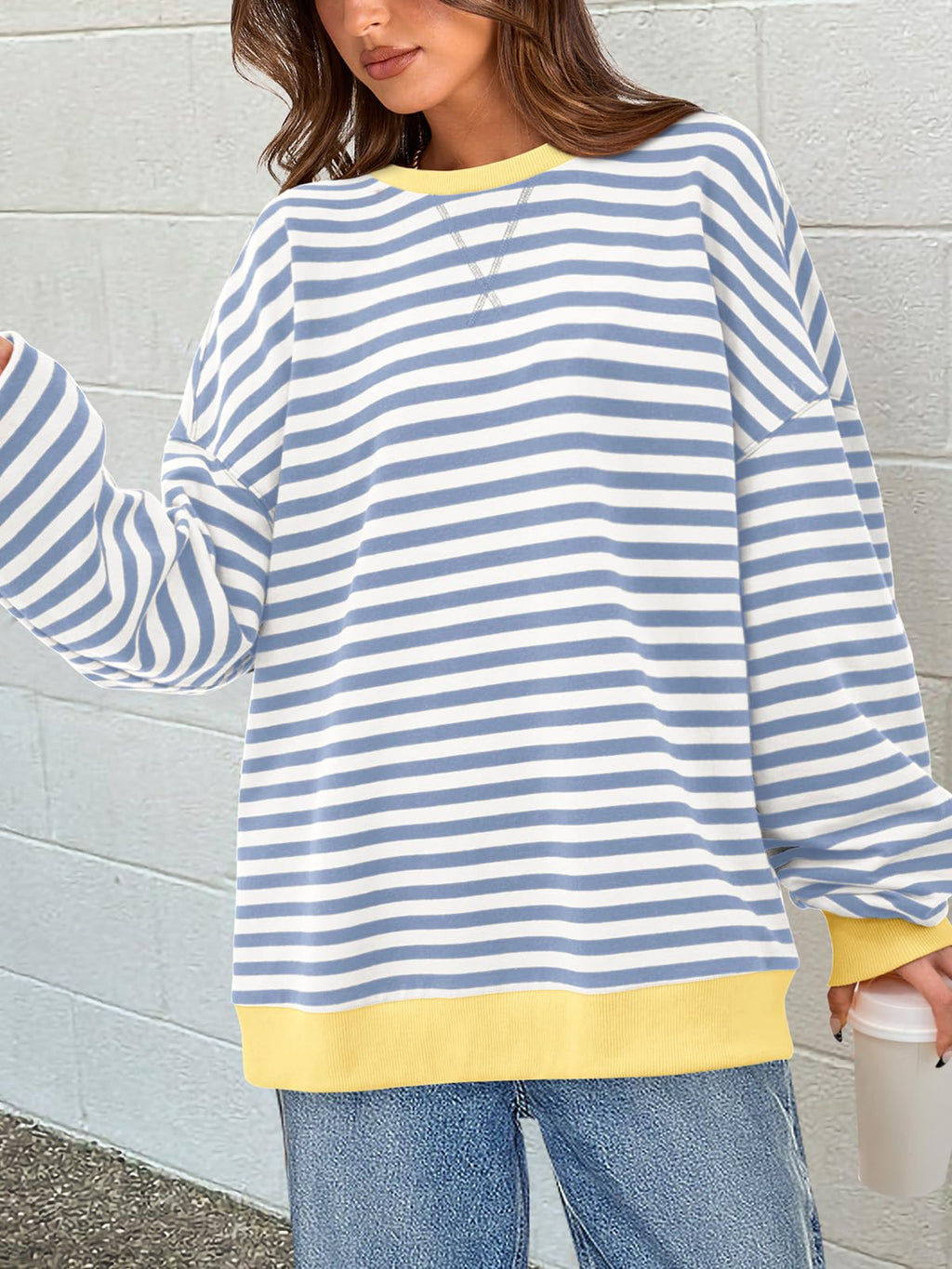 PRETTYGARDEN Womens Striped Oversized Sweatshirt Color Block Crew Neck Long Sleeve Casual Loose Pullover Top Y2K Clothes