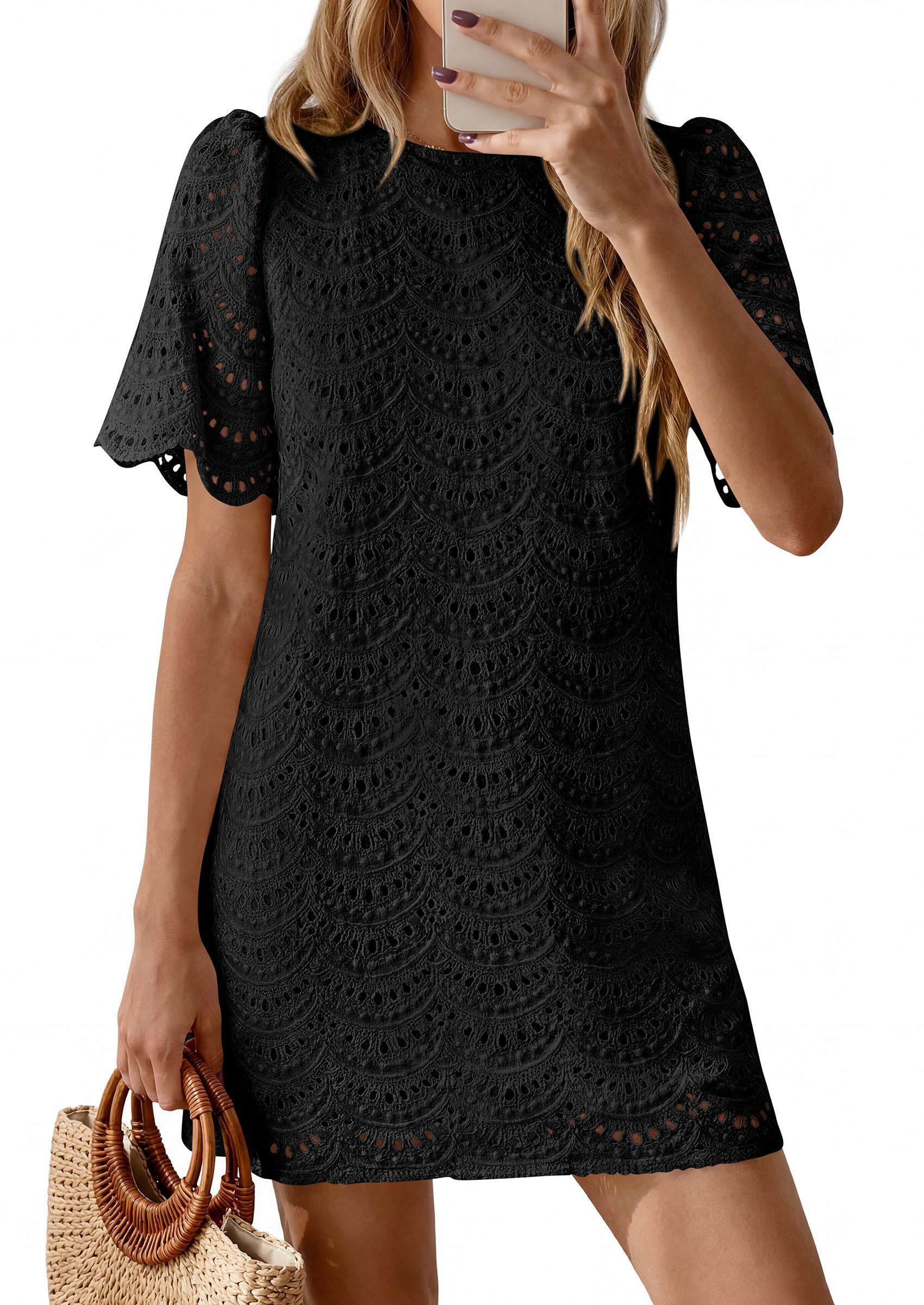 PRETTYGARDEN Women's Summer Casual Short Dresses Embroidered Lace Short Sleeve Boho Mini Dress Beach Vacation Clothes