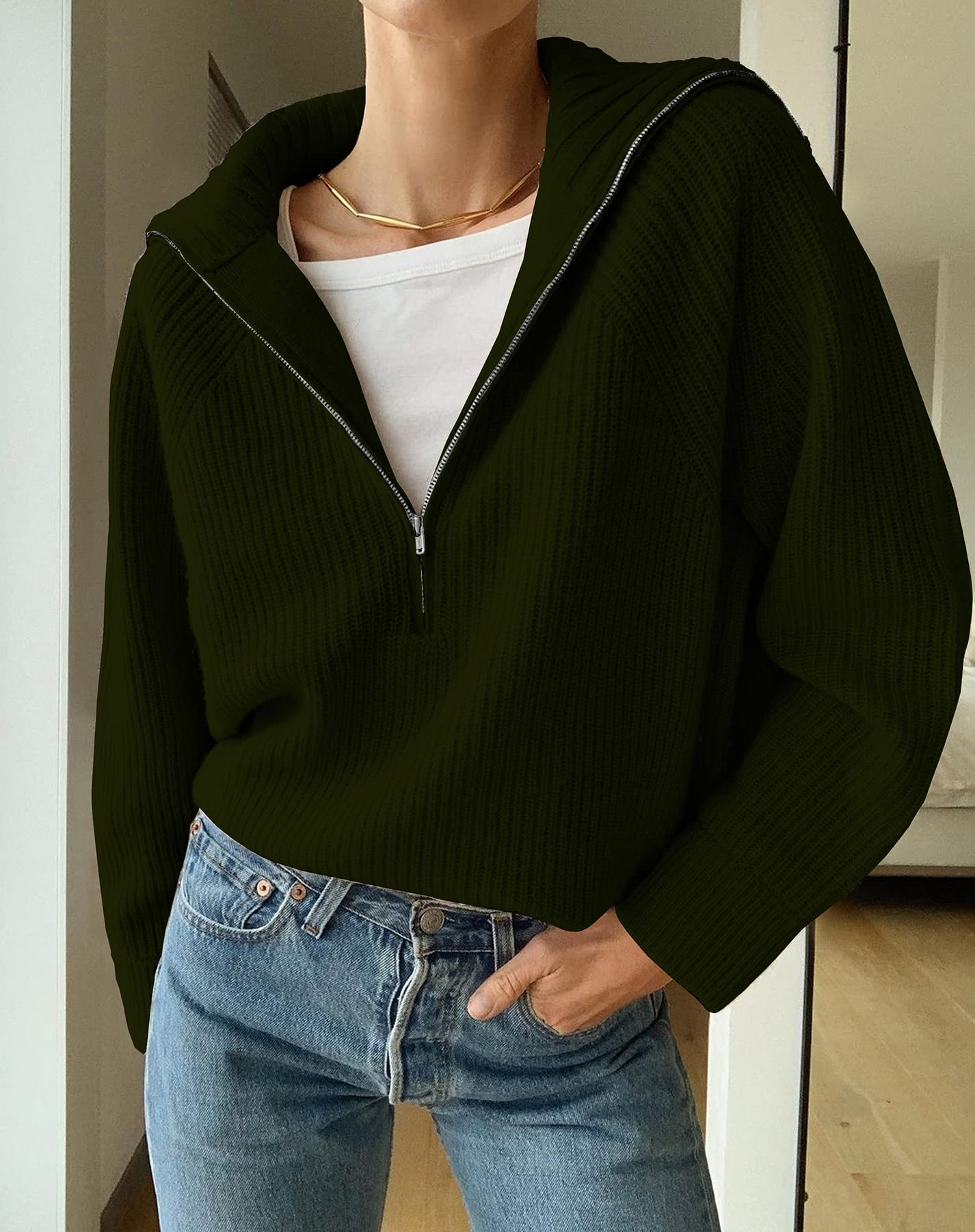 FreshPretty Womens Sweaters Quarter Zip Pullover V Neck Collar Long Sleeve Ribbed Knit Loose Casual Winter Fall Sweater