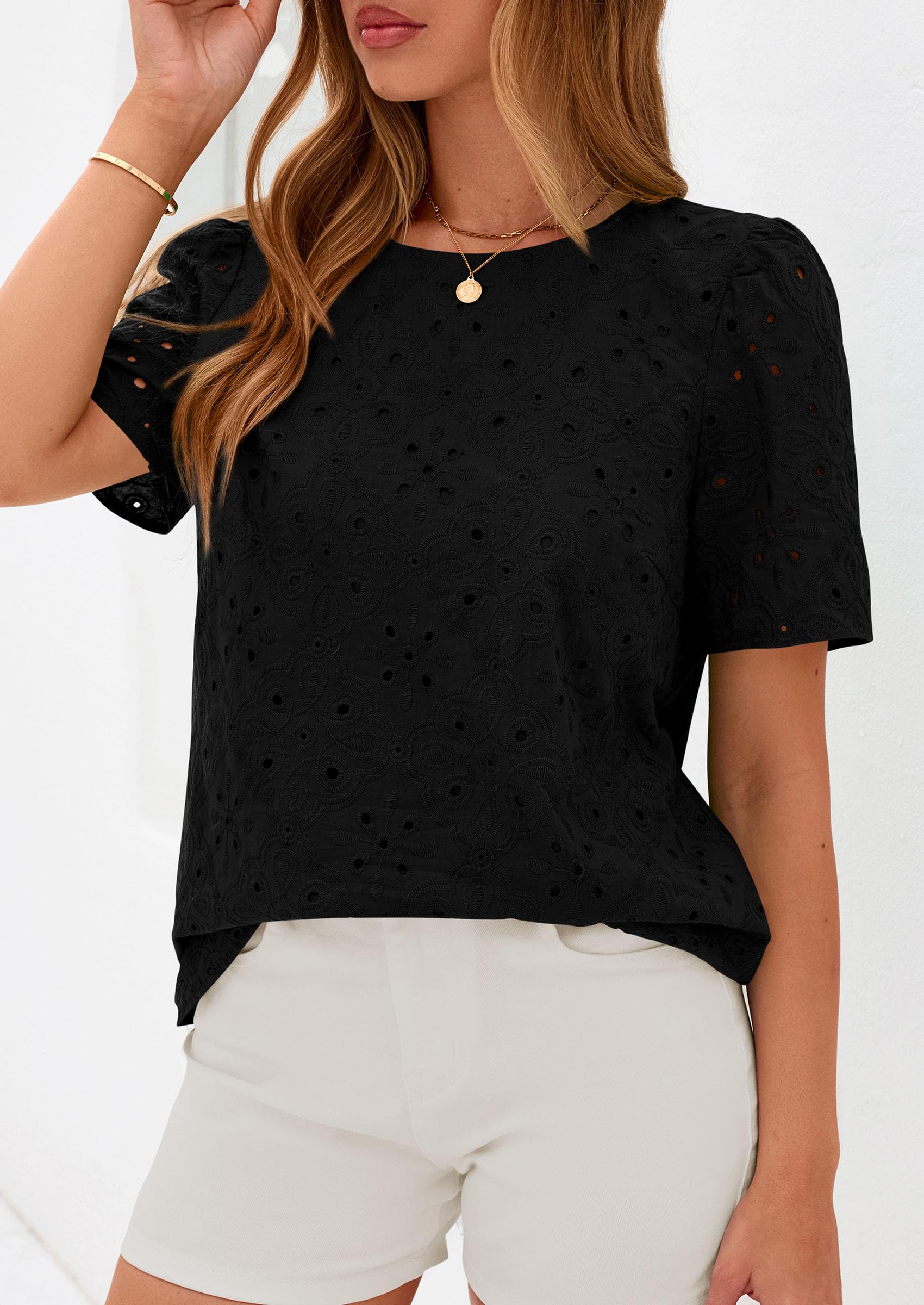 PRETTYGARDEN Women's Puff Short Sleeve Eyelet Shirts Summer Lace Blouses Dressy Casual Work Tops Spring Teacher Clothes