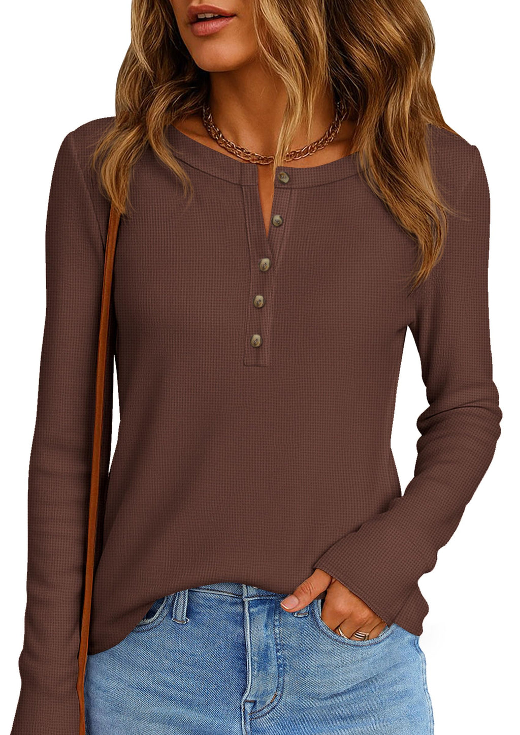 PRETTYGARDEN Women's Long Sleeve Waffle Knit Shirts Fall Casual Button Up Henley V Neck Tunic Tops Loose Fit Basic Tees