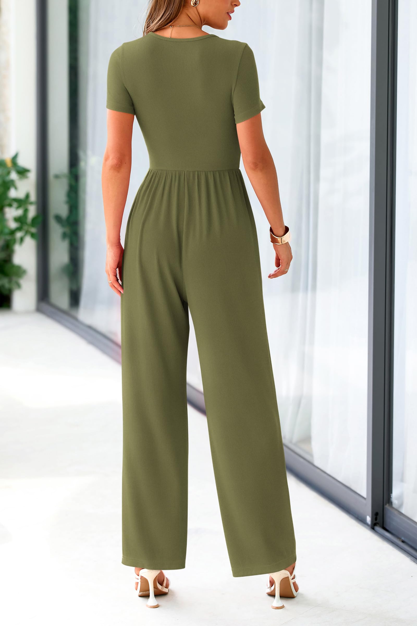 PRETTYGARDEN Women's Summer One Piece Jumpsuits Dressy Casual Short Sleeve Square Neck Wide Leg Rompers Travel Outfit Clothes