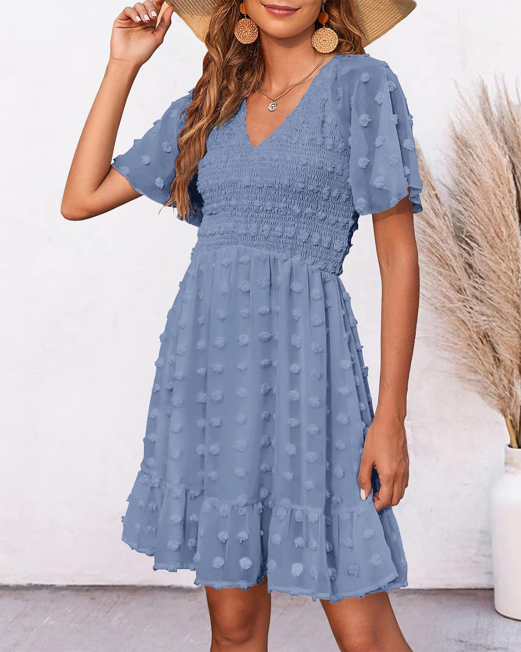 FreshPretty Womens Beach Vacation Dress Summer V Neck Short Sleeve Smocked Swiss Dot Cute Ruffle Casual Fall Mini Dresses