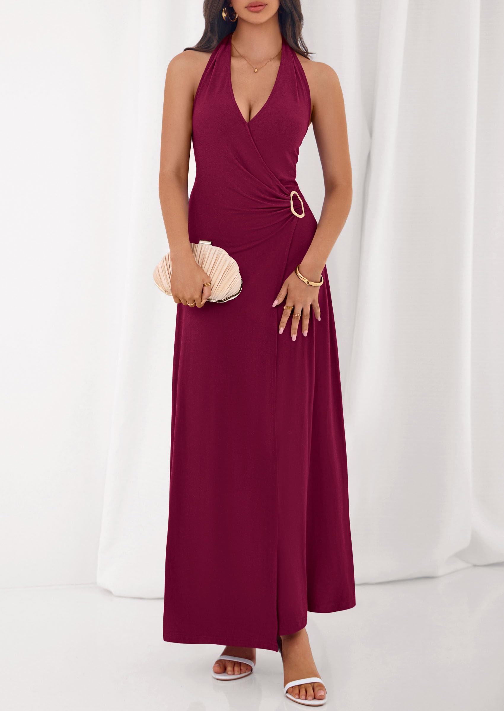 PRETTYGARDEN Holiday Cocktail Dresses for Women Summer Elegant V Neck Halter Backless Wedding Guest Party Midi Dress