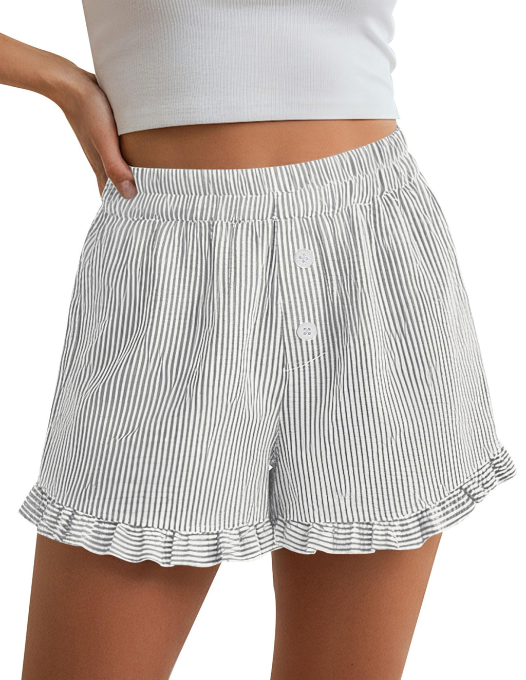 PRETTYGARDEN Womens Boxer Shorts Y2K Ruffle Pajama Summer Spring Lounge Sleep Striped Casual Beach Pj Bottoms Pockets