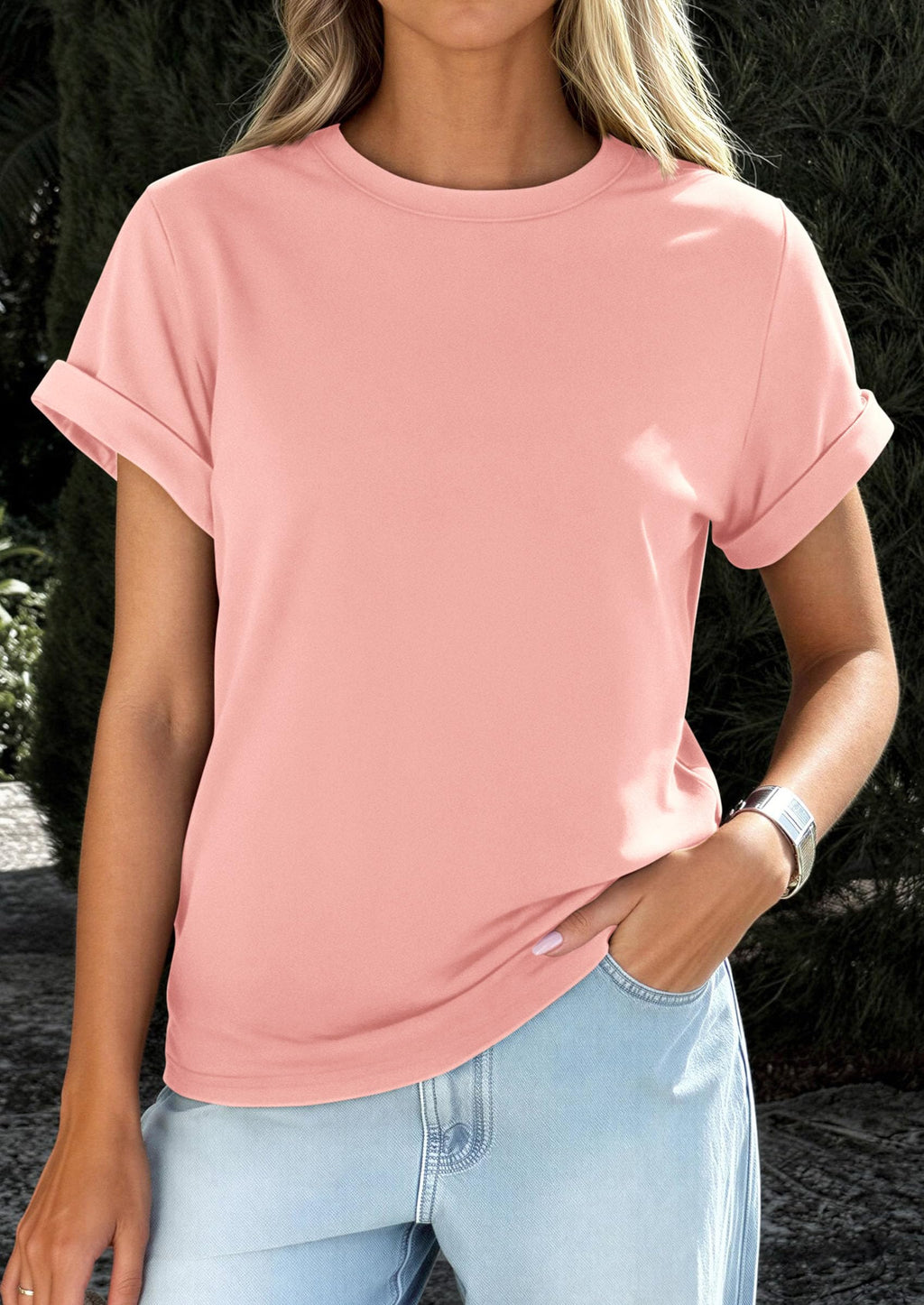 PRETTYGARDEN Womens Summer Tops Spring Casual Rolled Short Sleeve Basic Tees Crew Neck Work Shirts Fashion Clothing