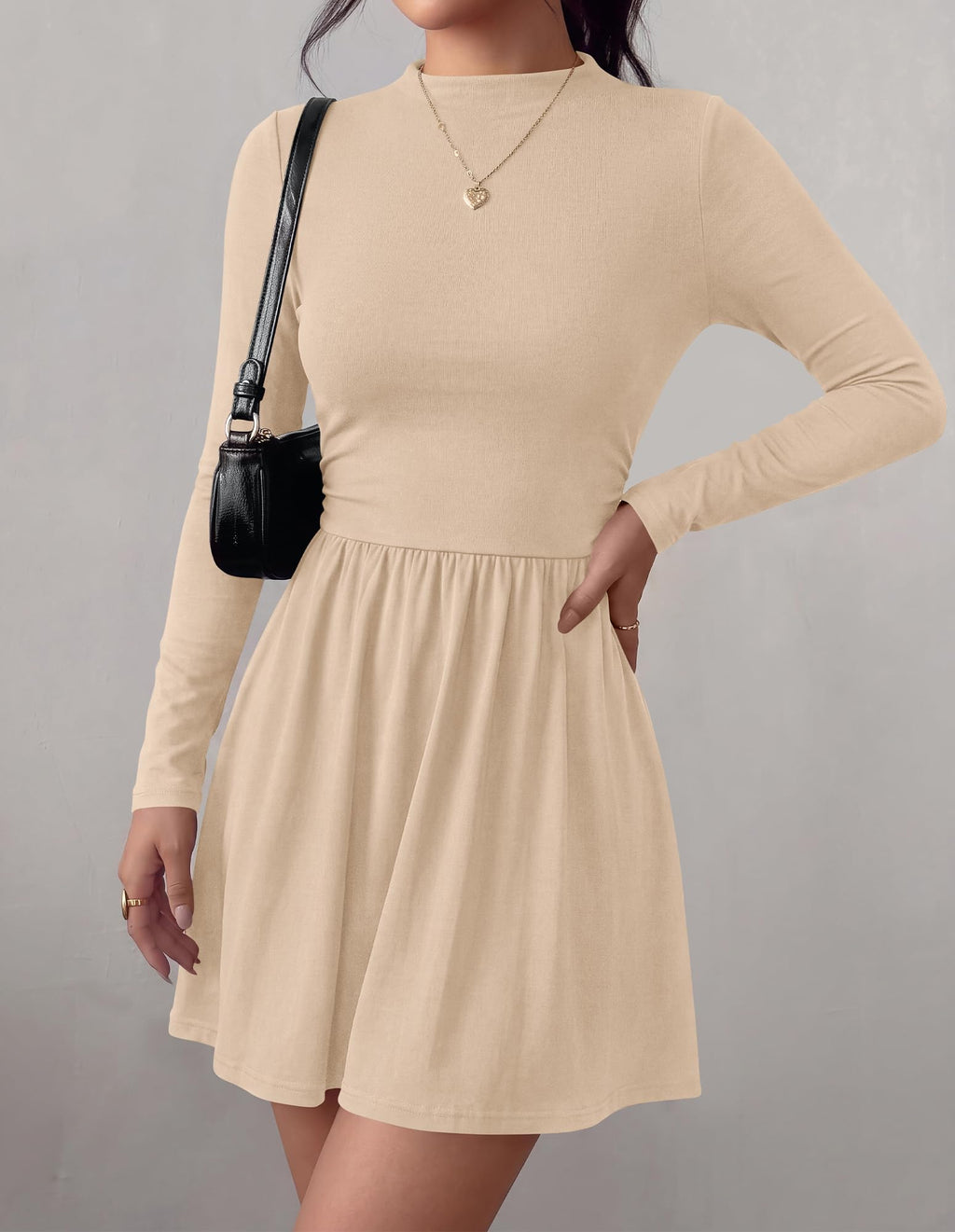 BTFBM Long Sleeve Dresses for Women Mock Neck A Line Flowy Mini Dress Swing Pleated Hem,Cocktail Party Club Holiday Going Out Outfits,Dressy Casual Winter,Trendy Early Fall Fashion Clothing