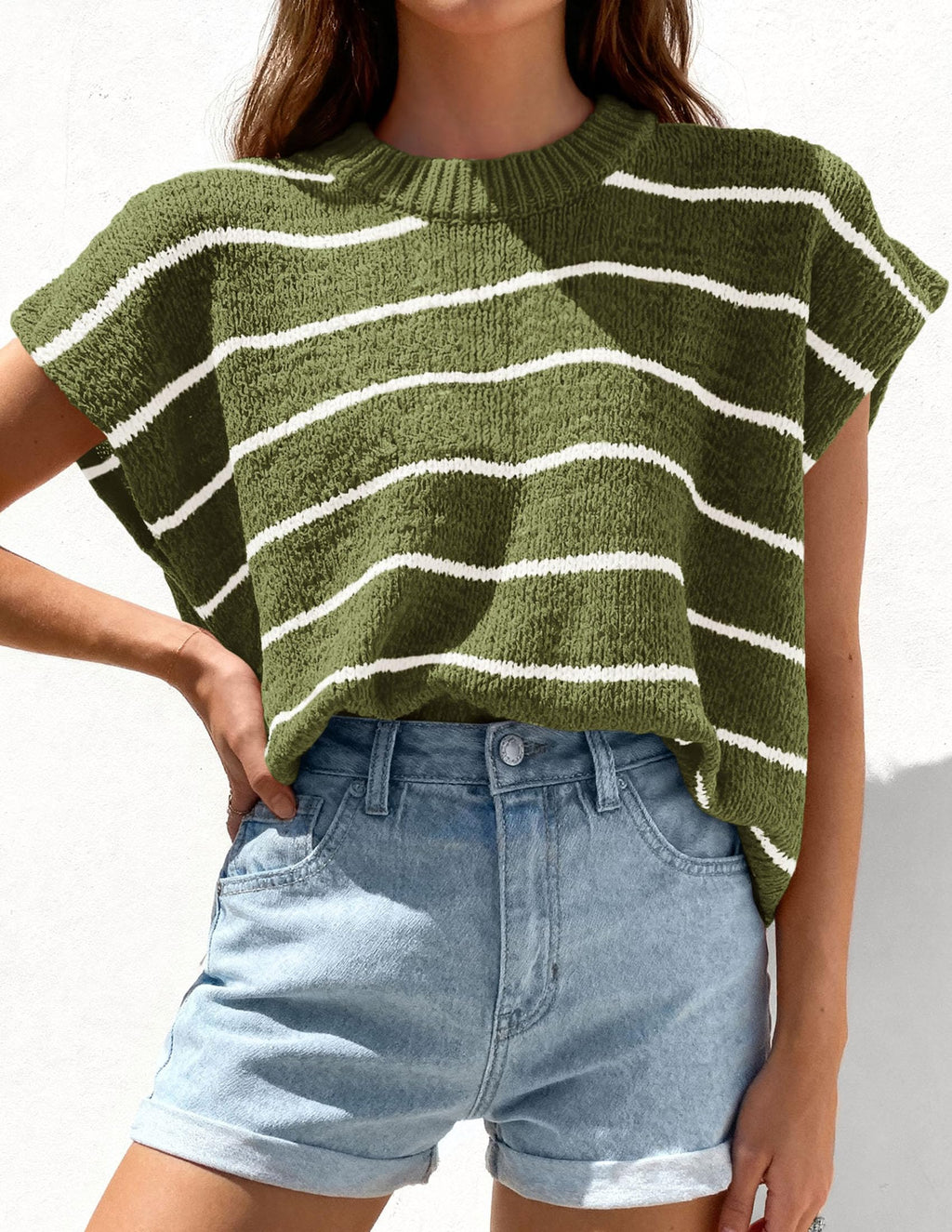 PRETTYGARDEN Womens Summer Short Sleeve Tops Trendy Crew Neck Striped Knit Sweater Business Casual Spring Clothes