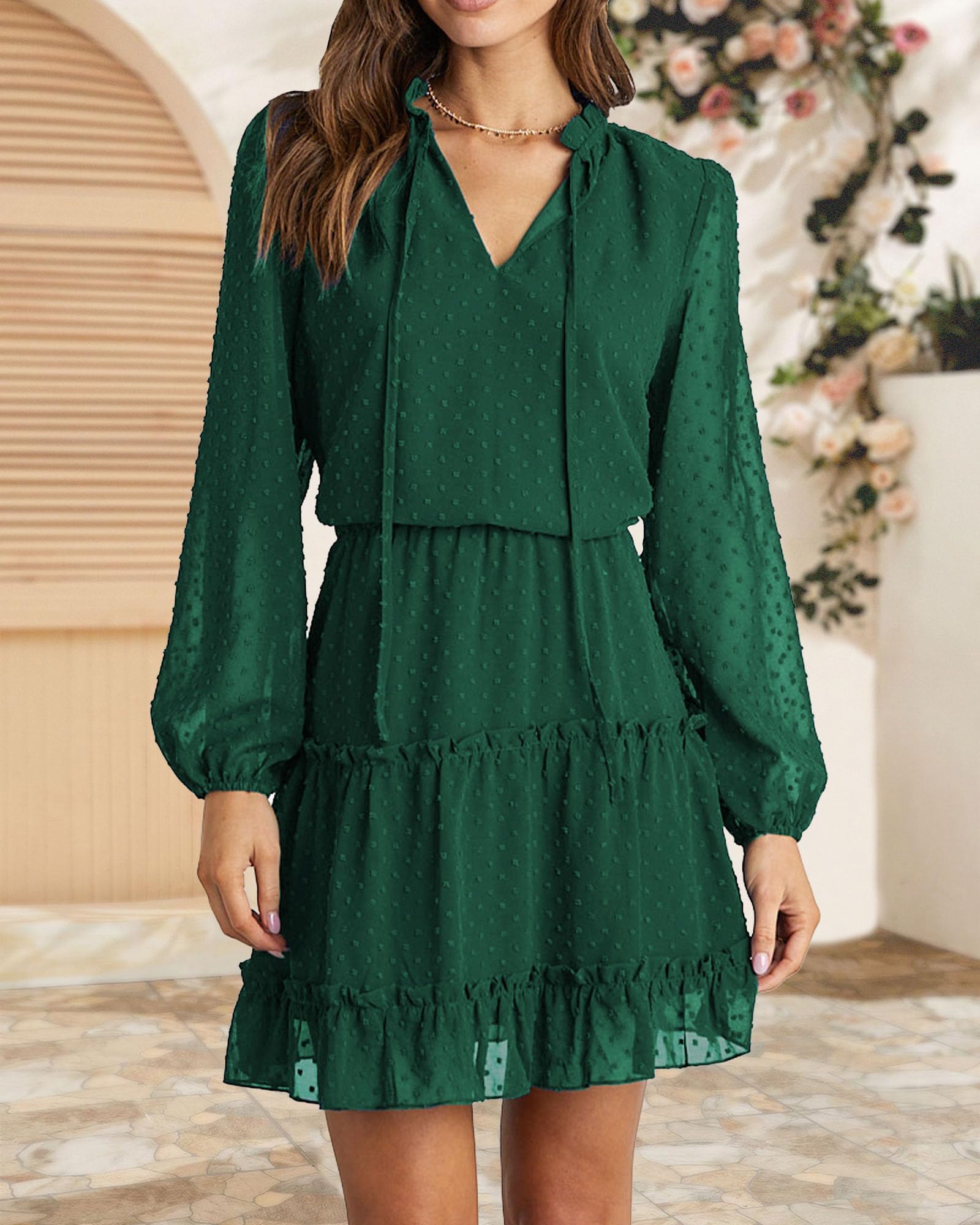 FreshPretty Long Sleeve Fall Dresses for Women Summer Casual Tie Neck Ruffle Tiered A Line Wedding Guest Short Mini Dress