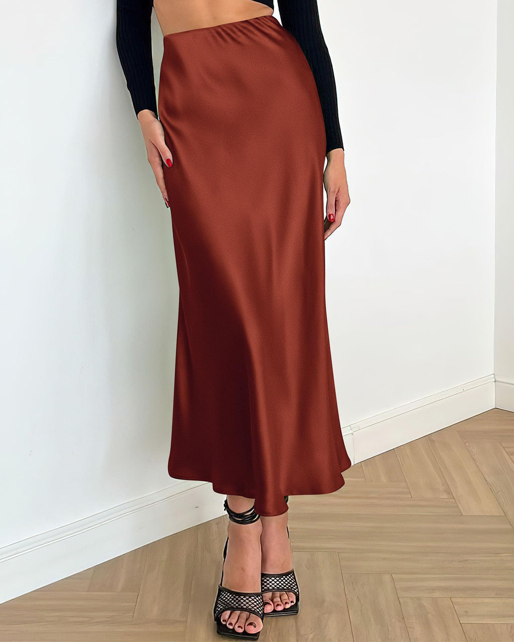 BTFBM Summer Womens Skirts Silk Elegant High Waist Flowy Long Satin A-Line Midi Skirt Cocktail Wedding Party