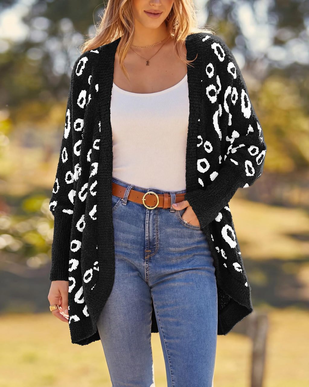 BTFBM Leopard Cardigan for Women Long Sleeve Open Front Cardigans Sweaters Pockets Loose Knit Fall Spring Outwear