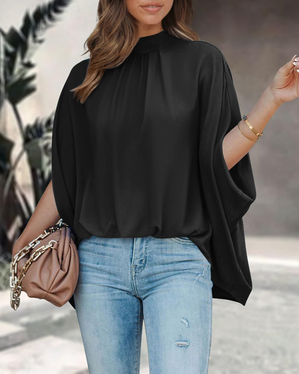 FreshPretty Womens Summer Tops Fall Mock Neck Batwing Sleeve Shirts Loose High Low Hem Oversized Dressy Casual Blouses