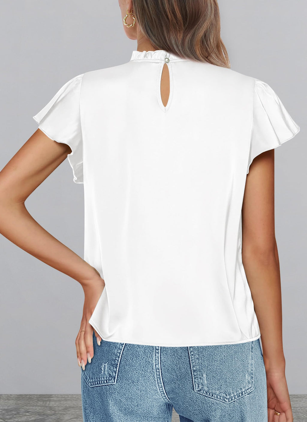 PRETTYGARDEN Business Casual Tops for Women Blouses Dressy  Summer Short Sleeve Ruffle Satin Work Office Attire