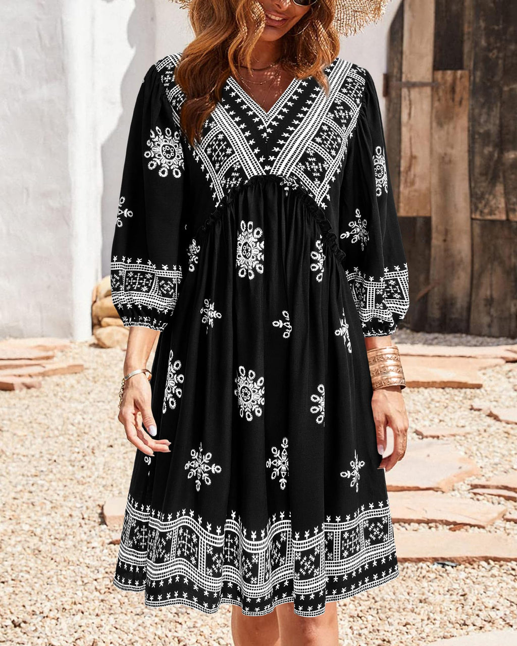 BTFBM Women Casual Spring Summer Dresses V Neck 3/4 Long Sleeve Ruffle Floral Flowy Boho Babydoll Mini Short Beach Dress