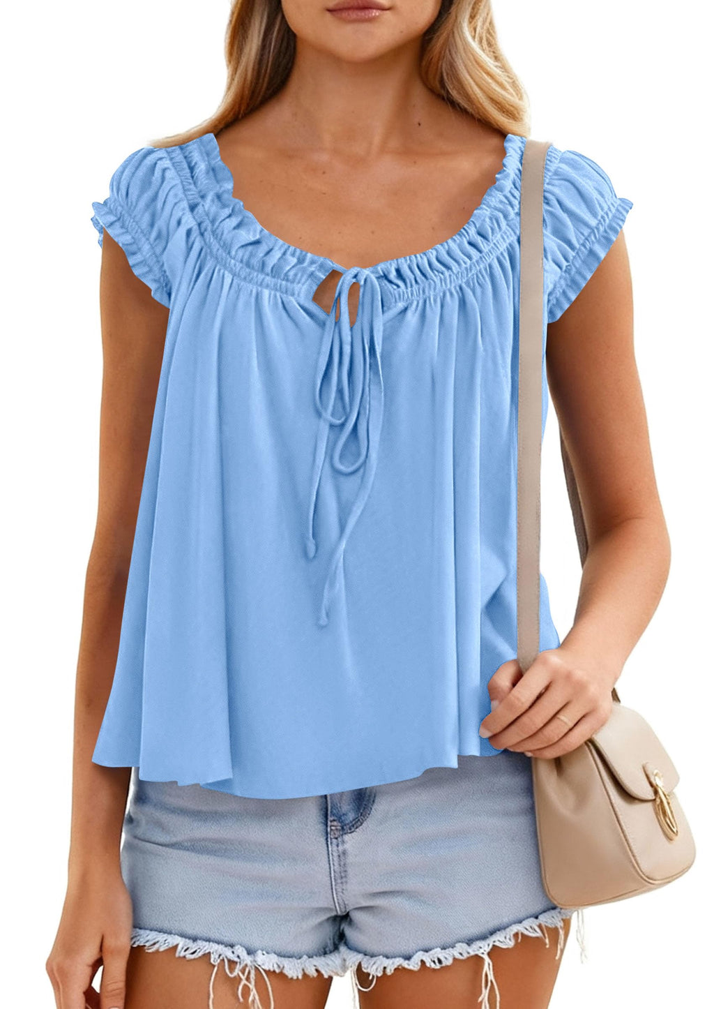 PRETTYGARDEN Women Babydoll Tops Summer Clothes Cap Sleeve Tie Front Flowy Tank Top Peplum Blouses Cute Going Out Shirts