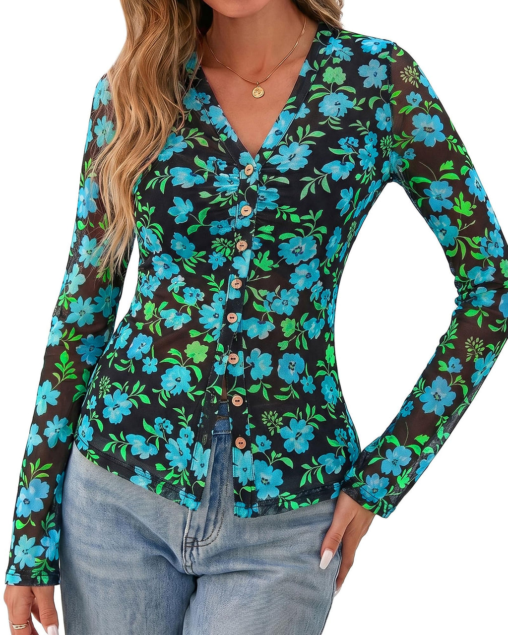 BTFBM Button Down Shirts for Women Spring Boho Tops V Neck Long Sleeve Blouses Ruched Mesh Fitted Fall Fashion