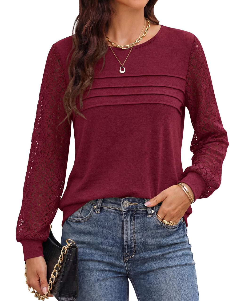 BTFBM Women's Long Sleeve Shirts Dressy Lace Fall Tops Trendy Business Casual T-Shirts Cute Work Outfits Blouses